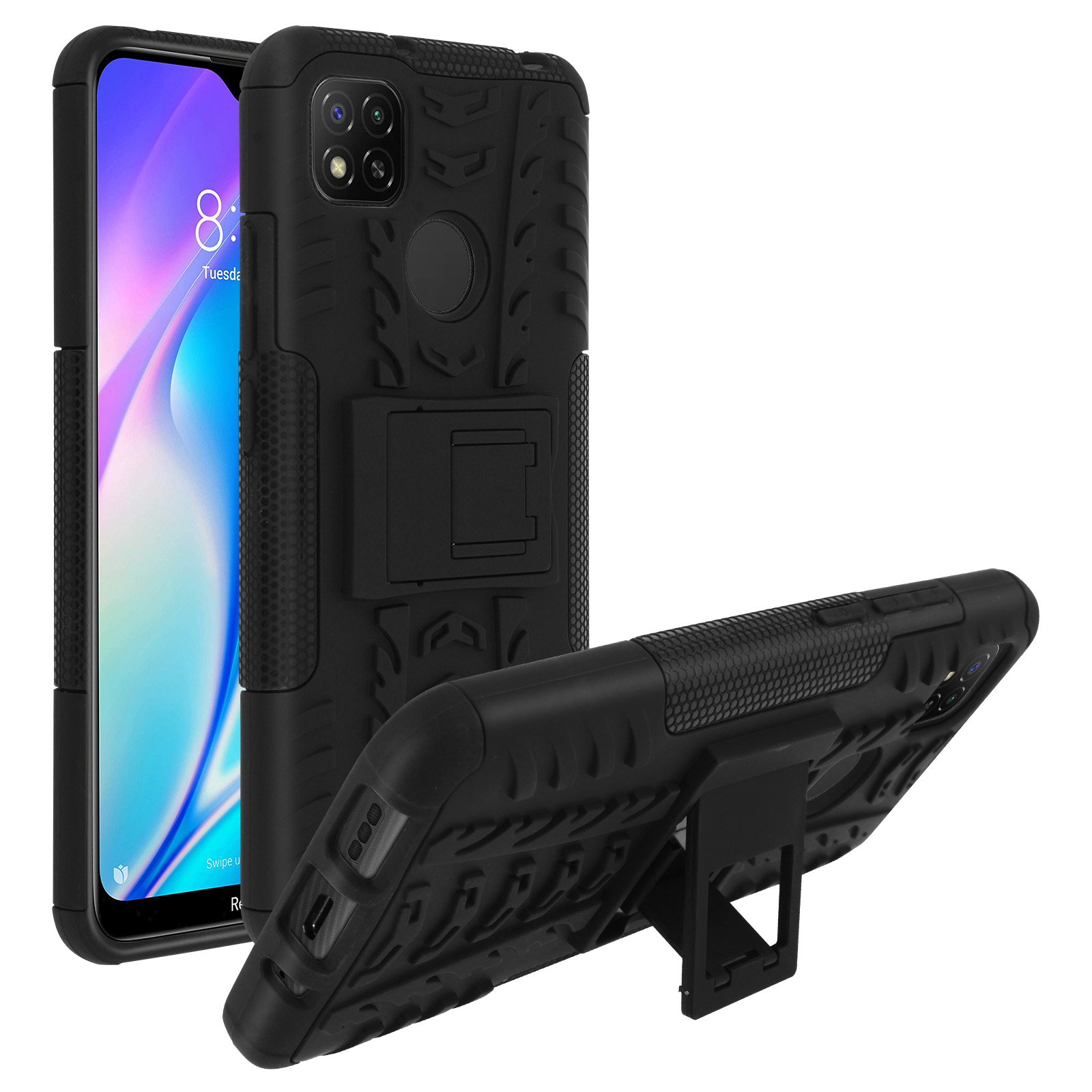 Custodia nera con supporto, protegge uno smartphone. Lo schermo del telefono è acceso.