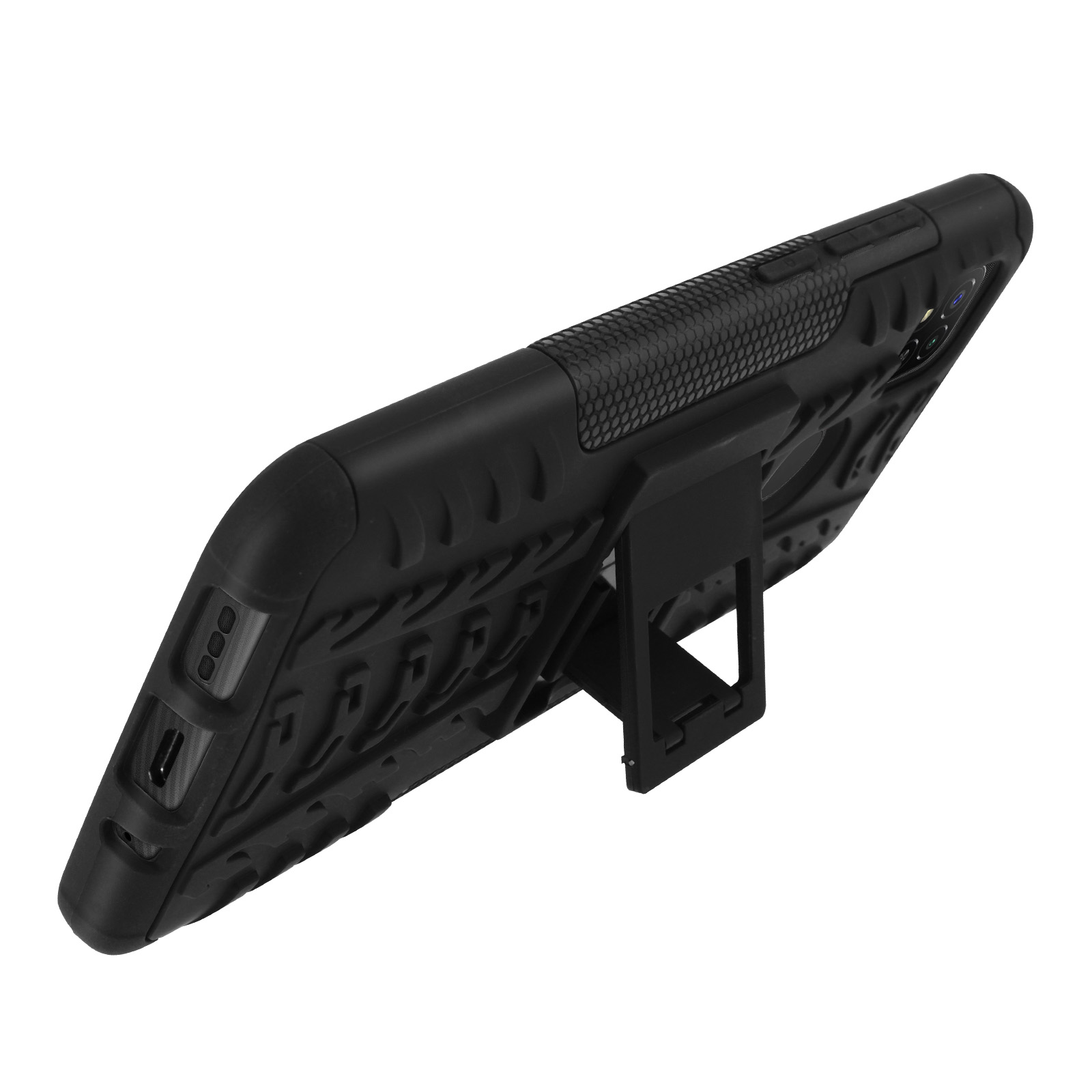 Custodia nera con cavalletto, design strutturato.