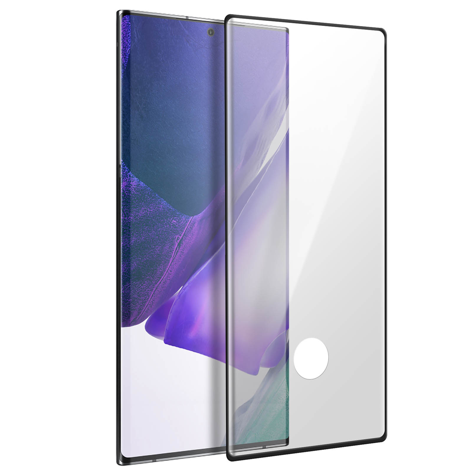 Een smartphone met een schermbeschermer. De telefoon toont een paarse en groene achtergrond.