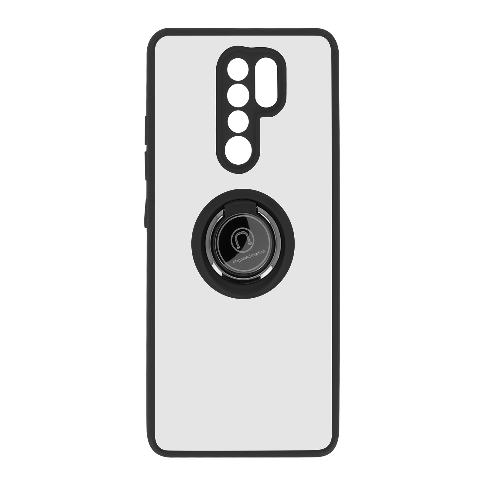 Custodia bianca per telefono con supporto ad anello nero. Area fotocamera nera. Sfondo bianco.