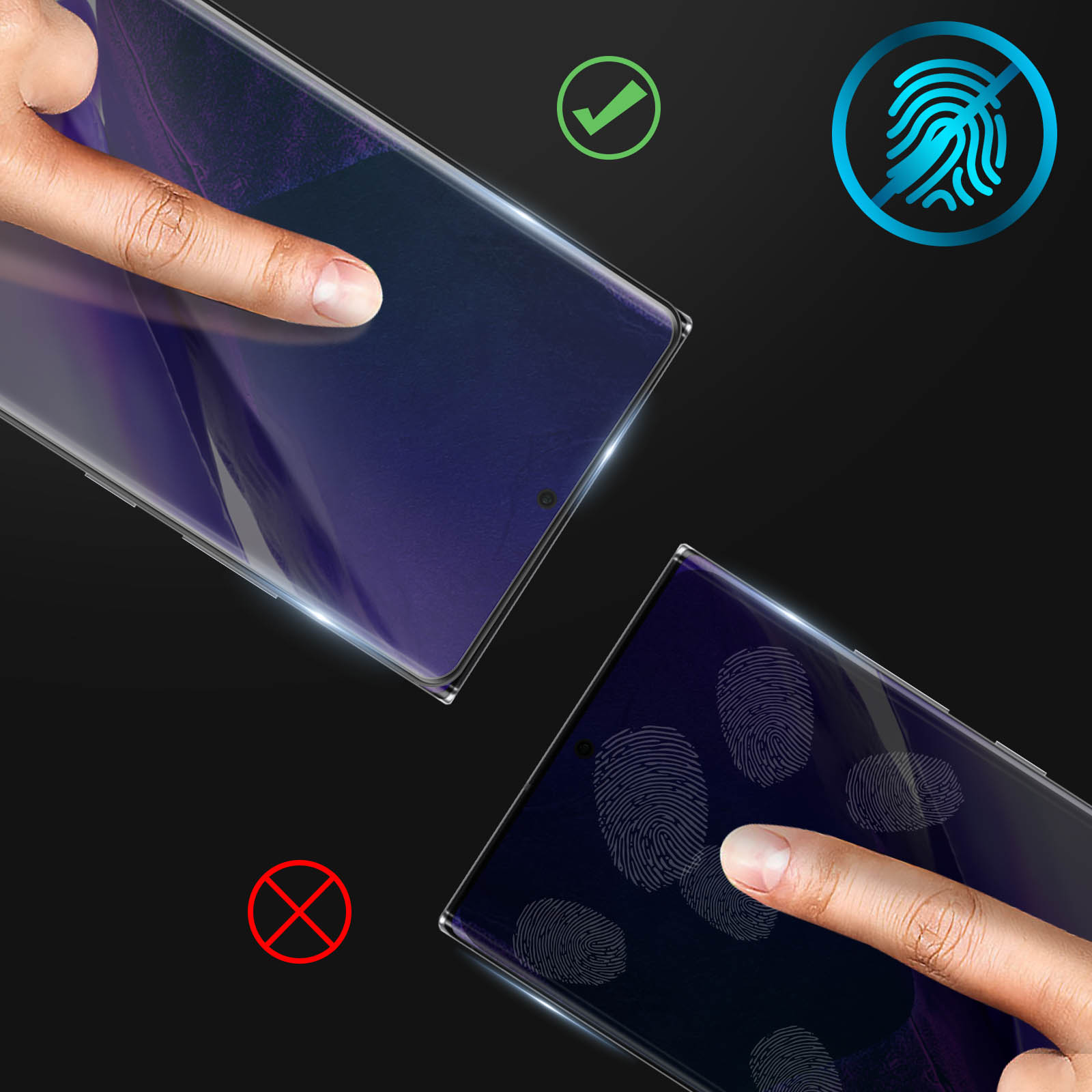 Twee telefoons met schermen die worden aangeraakt. Eén toont vingerafdrukken, de andere niet. Symbolen geven vingerafdrukbescherming aan.