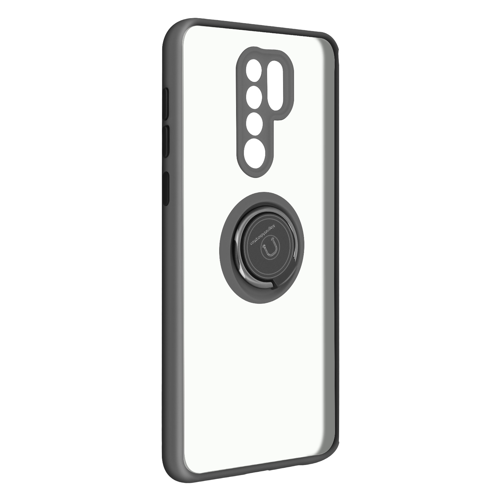 Custodia per telefono bianca con un anello di supporto. La custodia è su sfondo bianco.