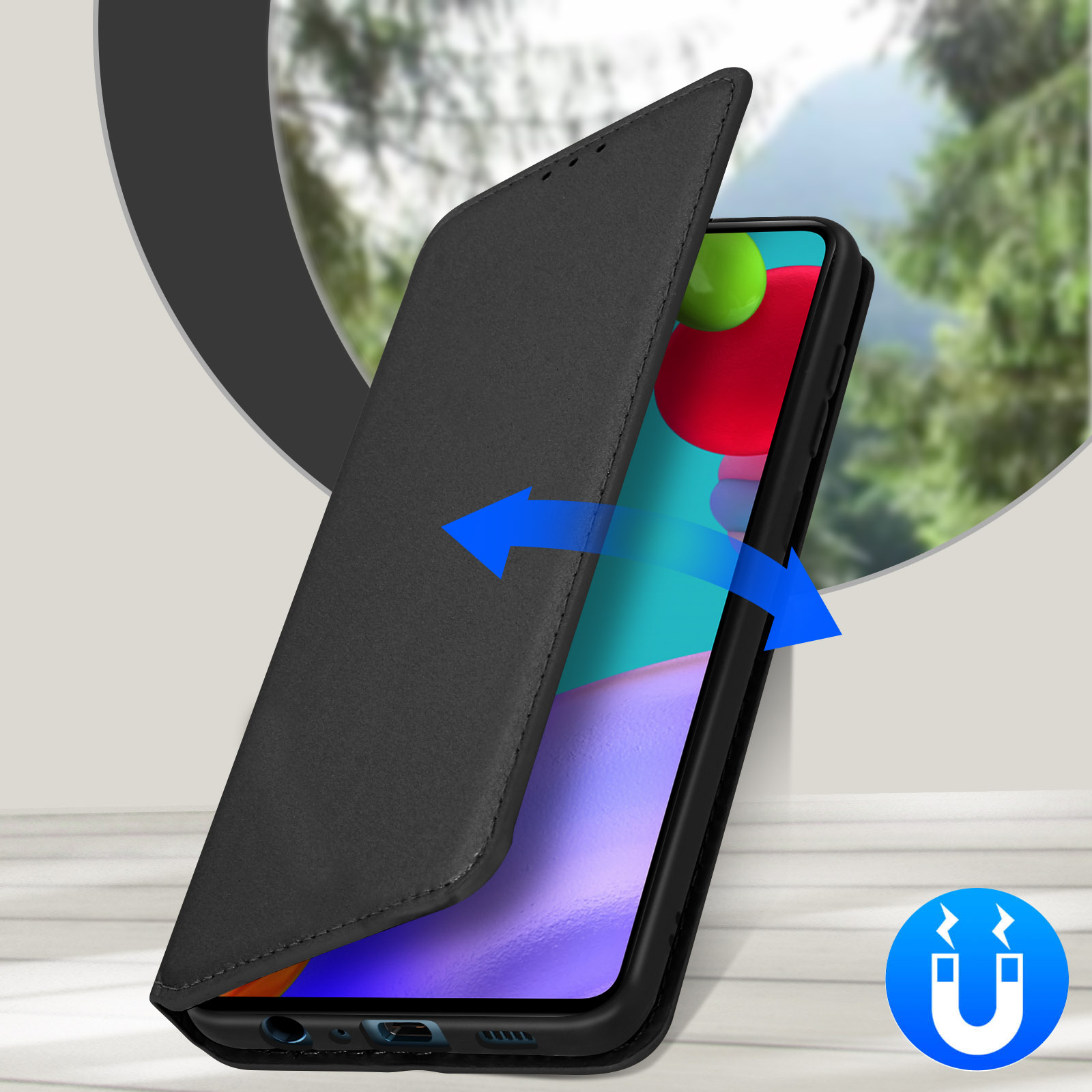 Una custodia per telefono nera con frecce blu e un simbolo di magnete aperto, che rivela un telefono su marmo.