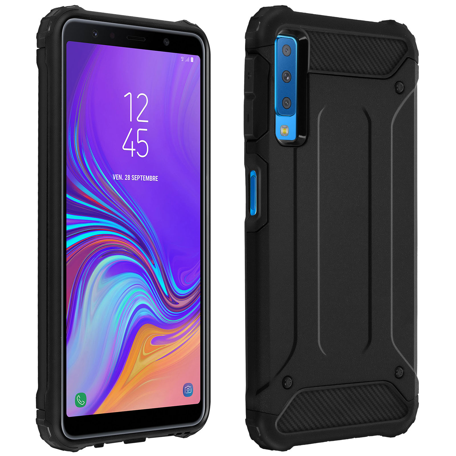 Eine schwarze Handyhülle auf einem Telefon, mit App-Anzeige, auf weißem Hintergrund.