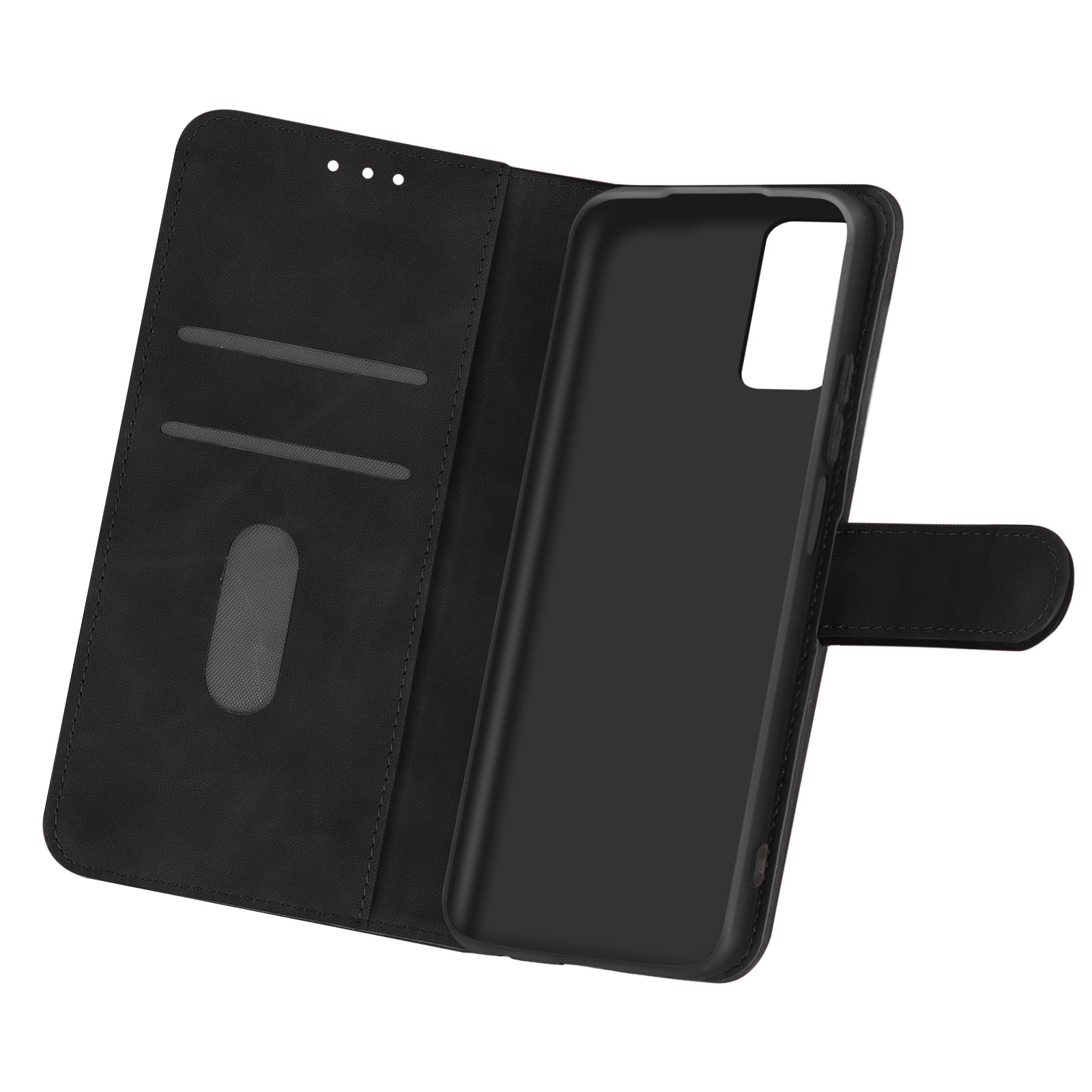 Étui de téléphone noir ouvert, montrant l'intérieur avec des fentes pour cartes et un support. Fond blanc.