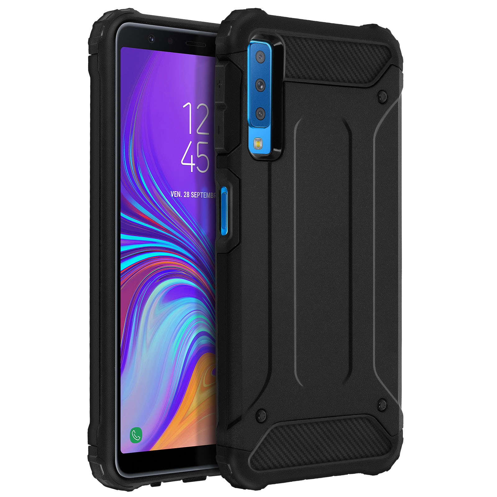 Ein schwarzes Telefon in einer Schutzhülle, schräg. Die Hülle hat ein robustes Design.