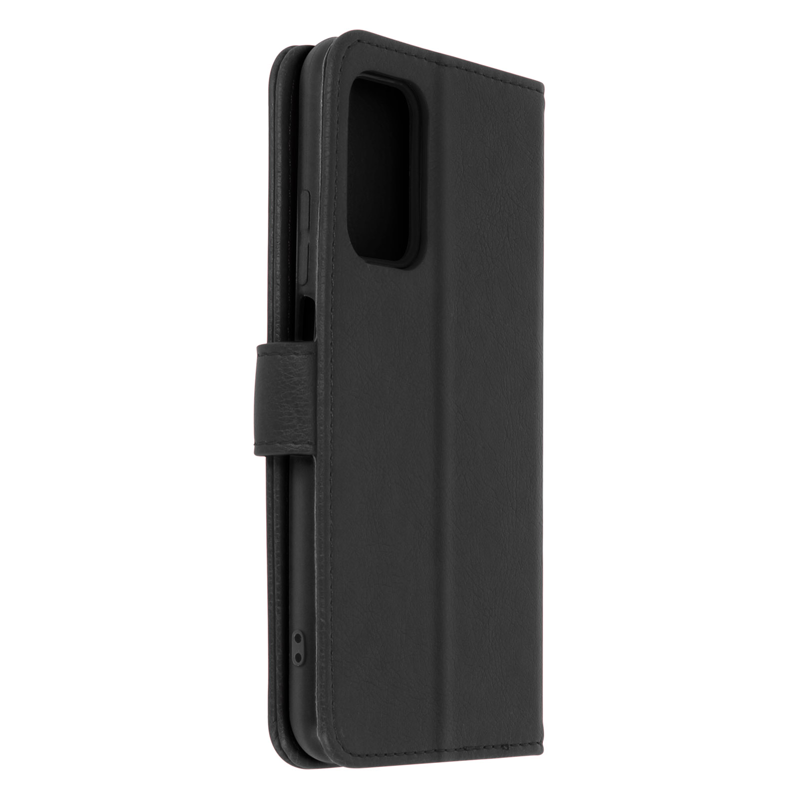 Étui de téléphone noir, fermé, avec vue latérale. L'étui est posé sur une surface blanche.
