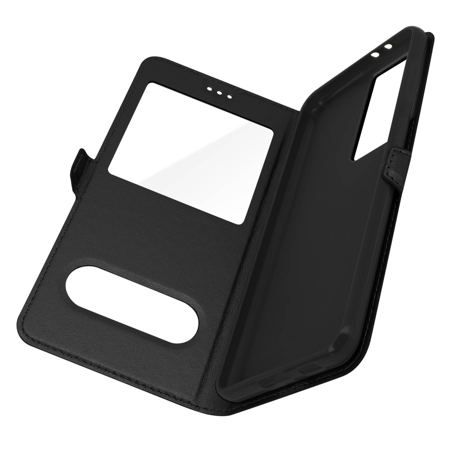 Custodia per telefono nera, aperta, che mostra uno schermo, con interno bianco ed esterno nero.