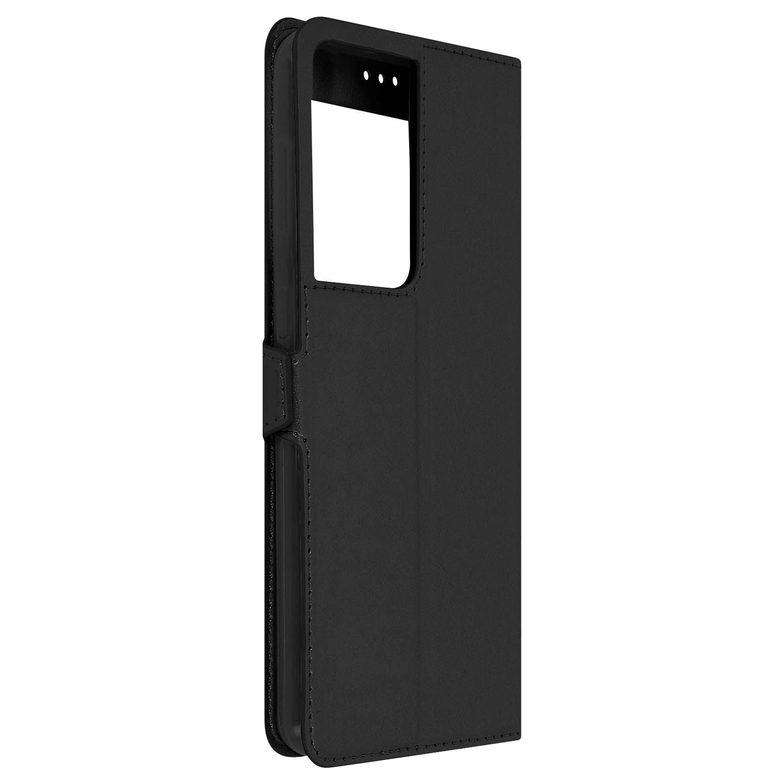 Custodia del telefono nera. La custodia è chiusa e ha un design elegante. Vista laterale.