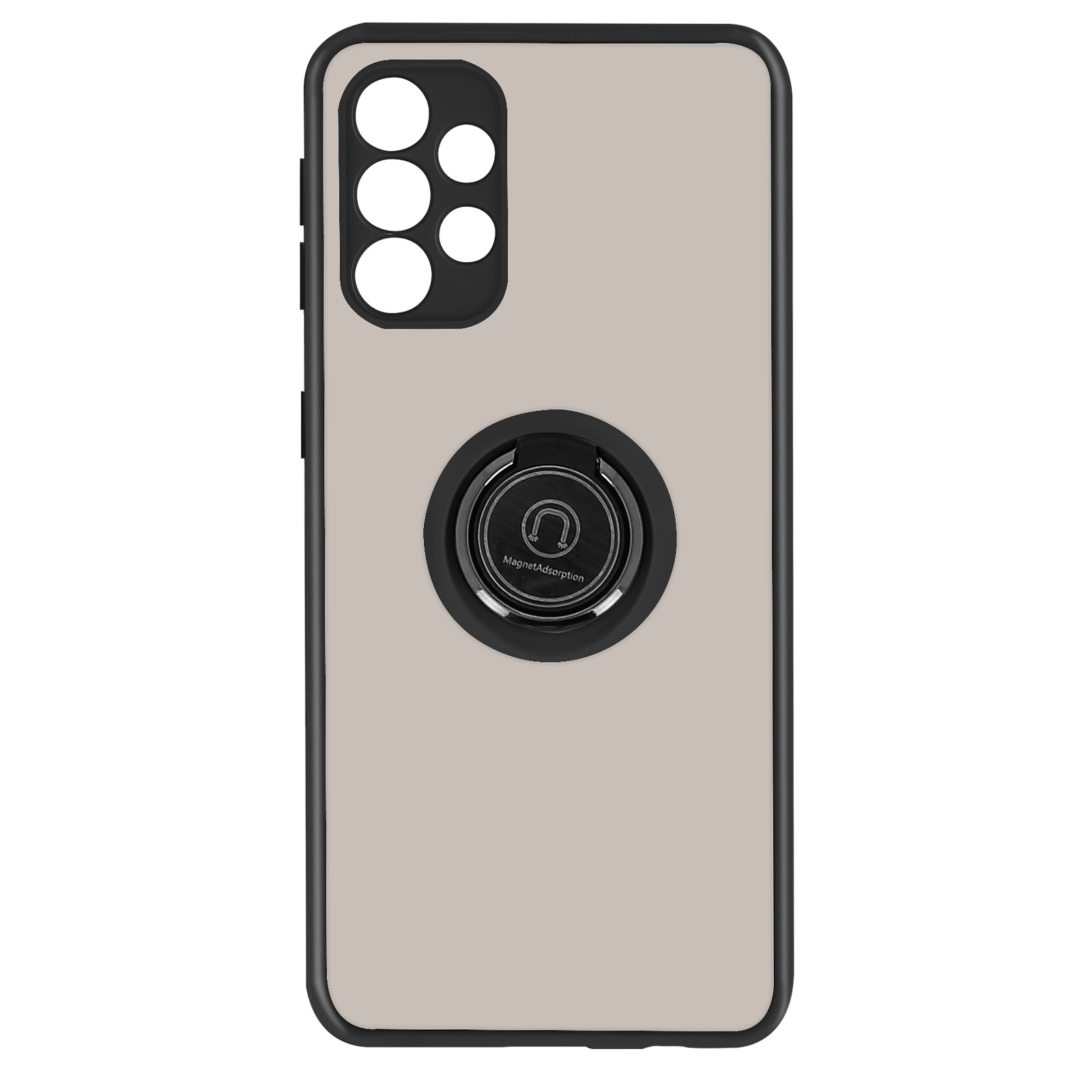 Une coque de téléphone avec une bague magnétique. La coque est beige avec un cadre noir.
