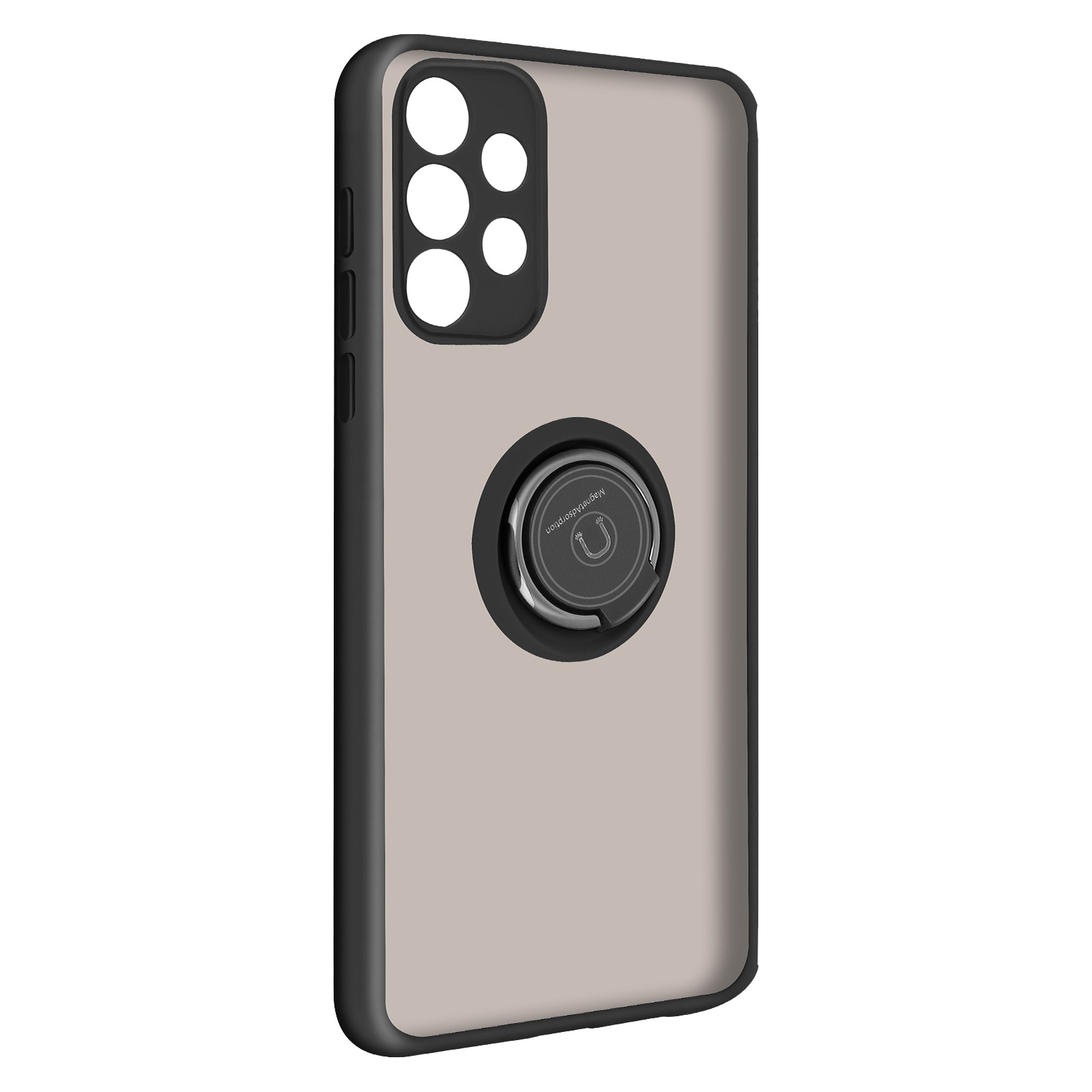 Coque de téléphone avec anneau. Cadre noir, dos gris et anneau argenté.
