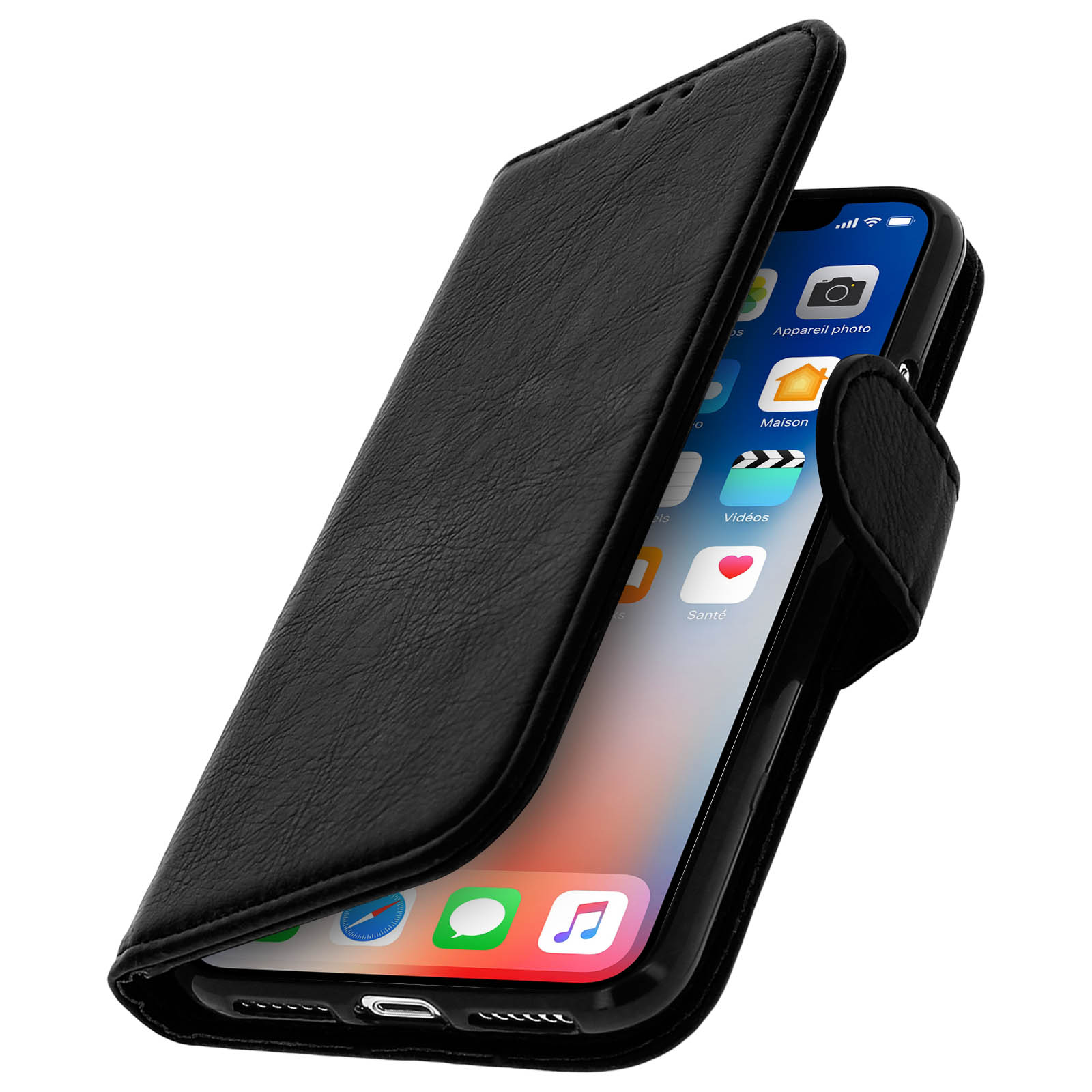 Un telefono nero è racchiuso in una custodia a portafoglio in pelle nera, parzialmente aperta.