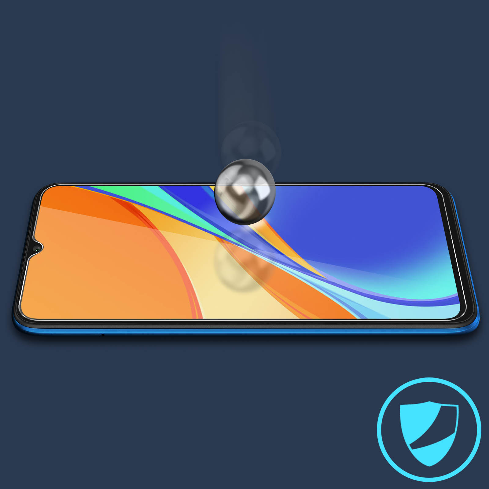 Telefoonscherm met beschermglas en een schildlogo dat bescherming aangeeft.