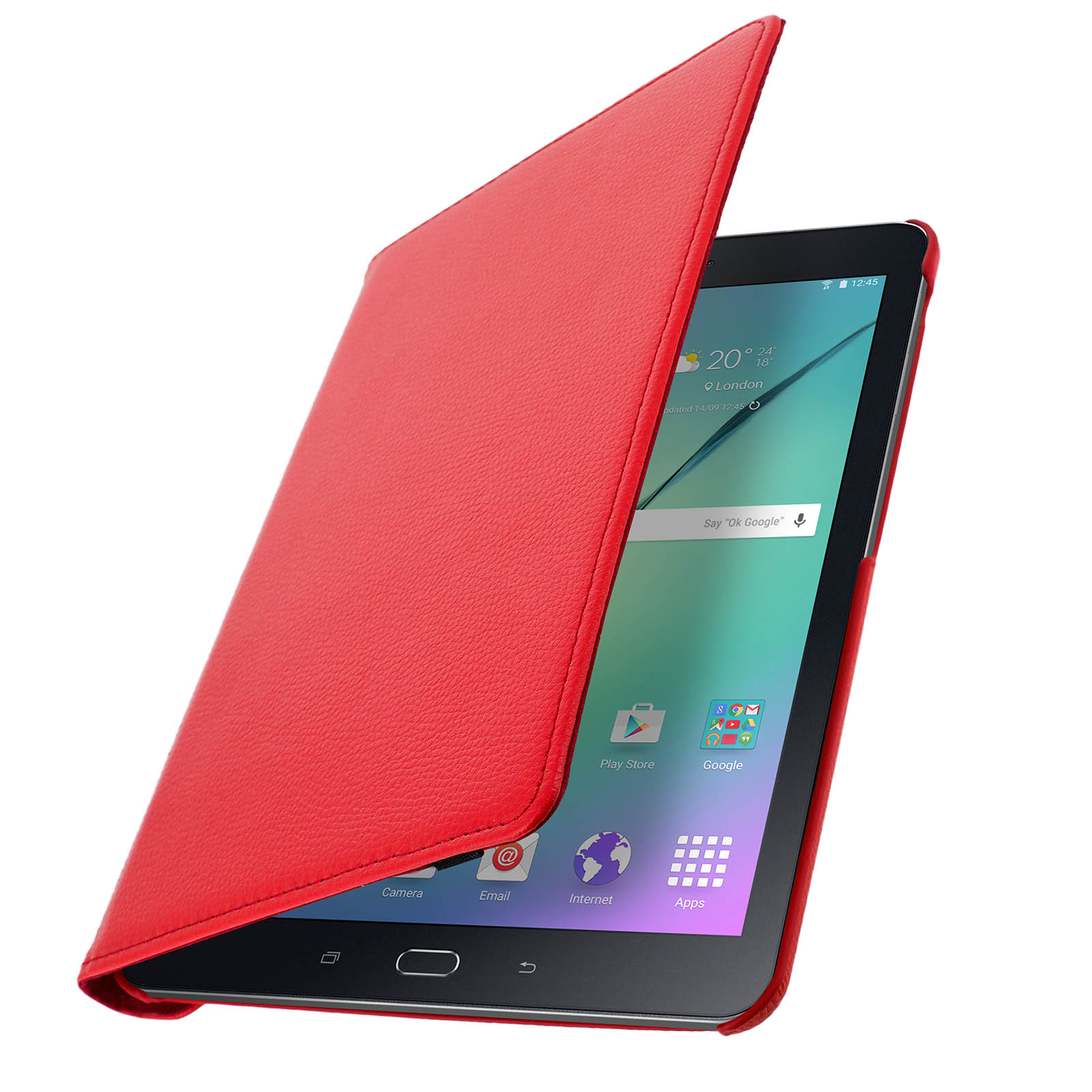 Tablet rosso con una cover rossa aperta. Lo schermo del tablet mostra un'interfaccia.