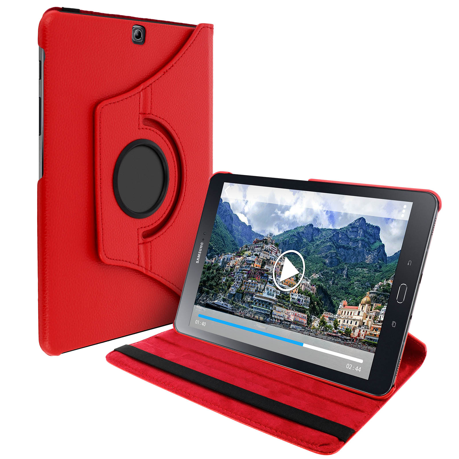 Tablet rosso in custodia rossa. Lo schermo mostra un video di un paesaggio.