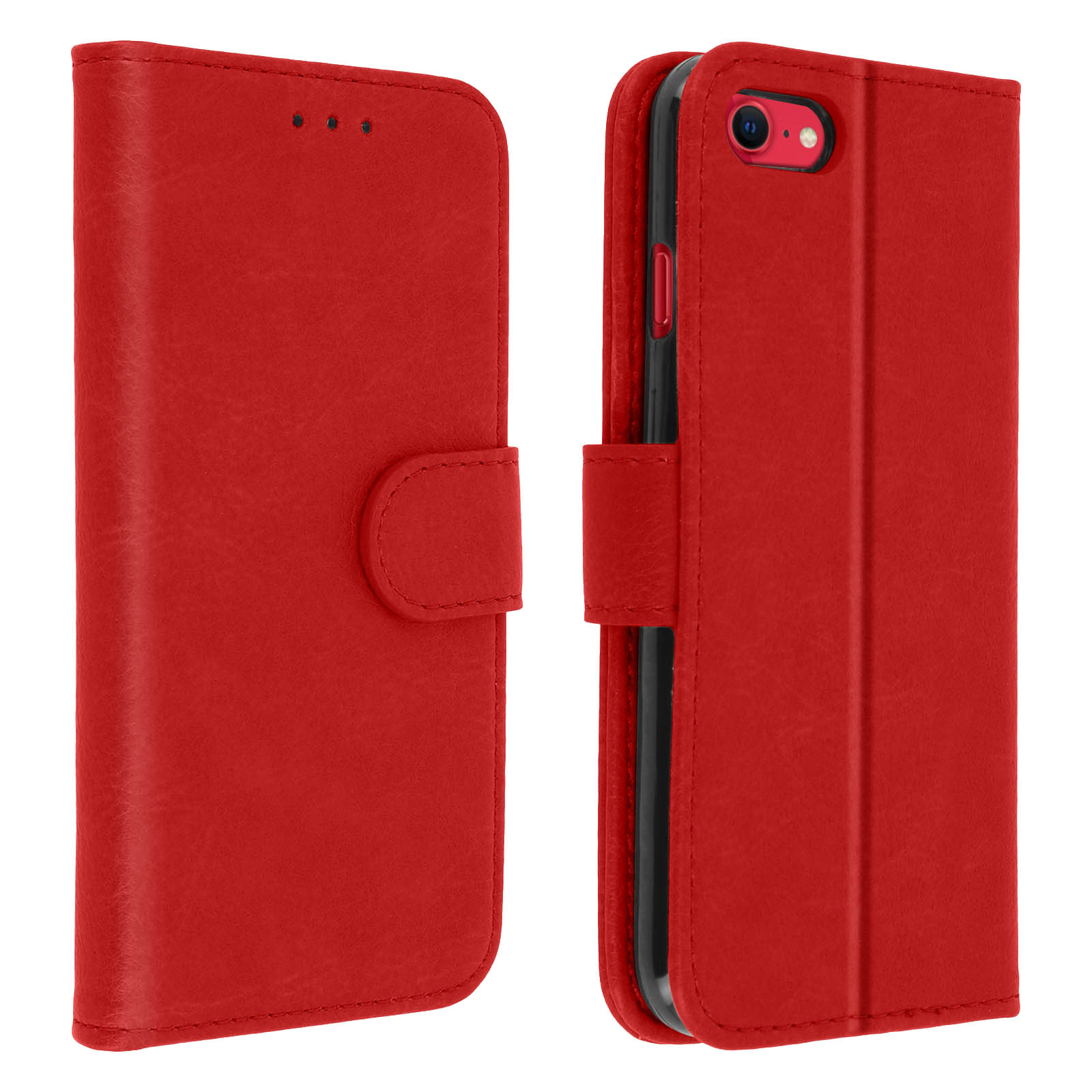 Custodia rossa per telefono, aperta e chiusa, su sfondo bianco.