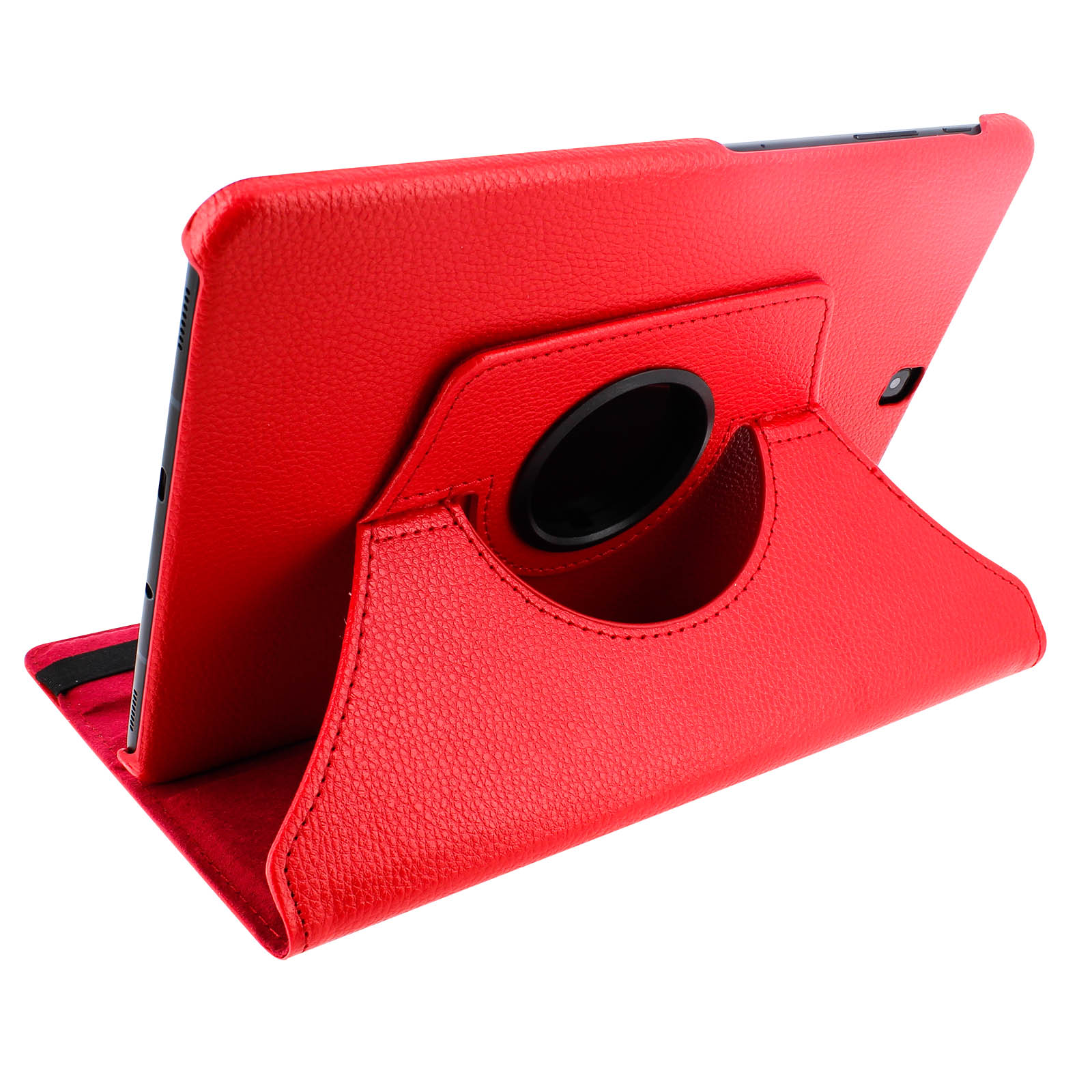 Custodia rossa per tablet, aperta per rivelare un tablet rosso. Sfondo bianco.