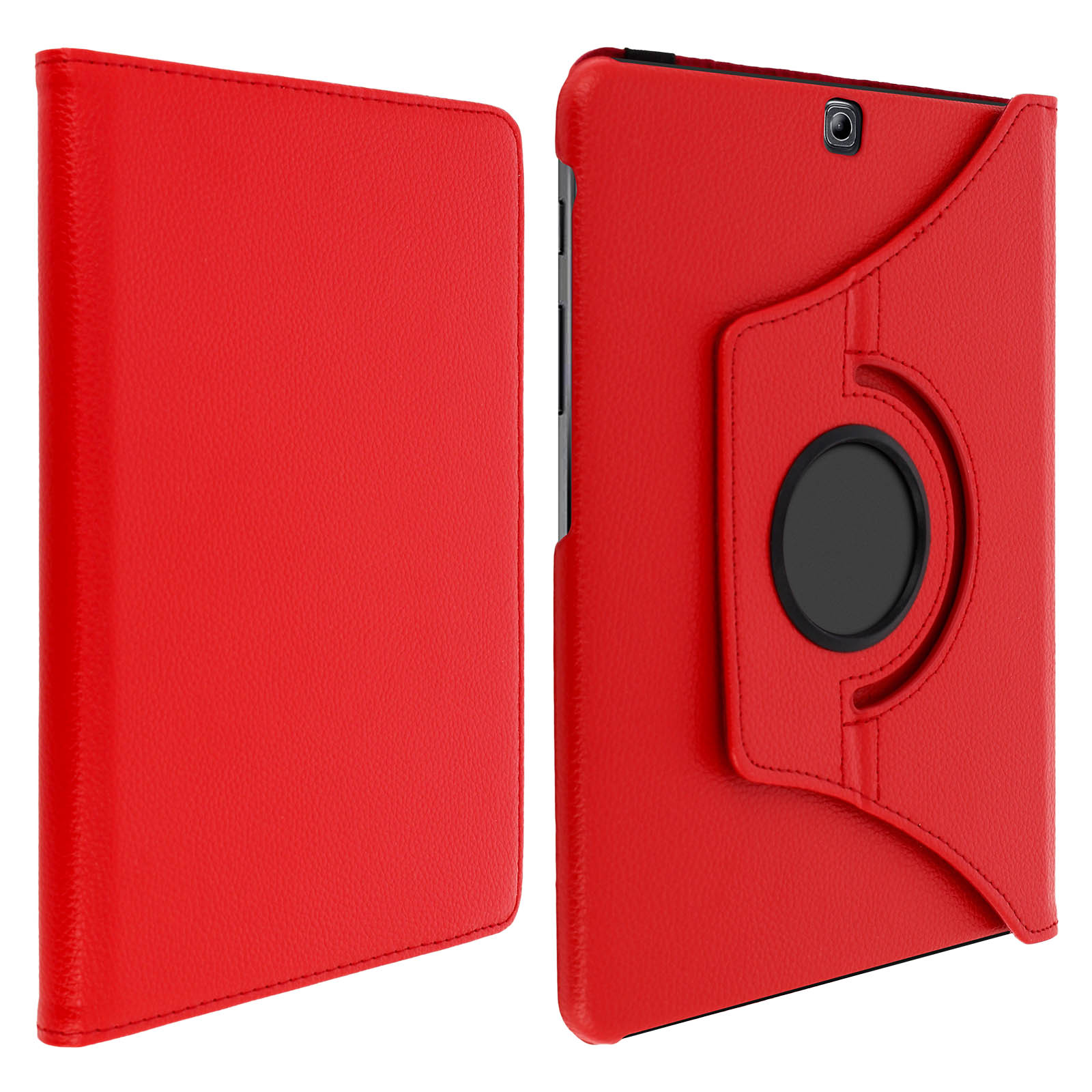 Custodia rossa per tablet, aperta, mostra il tablet all'interno e la funzione stand.