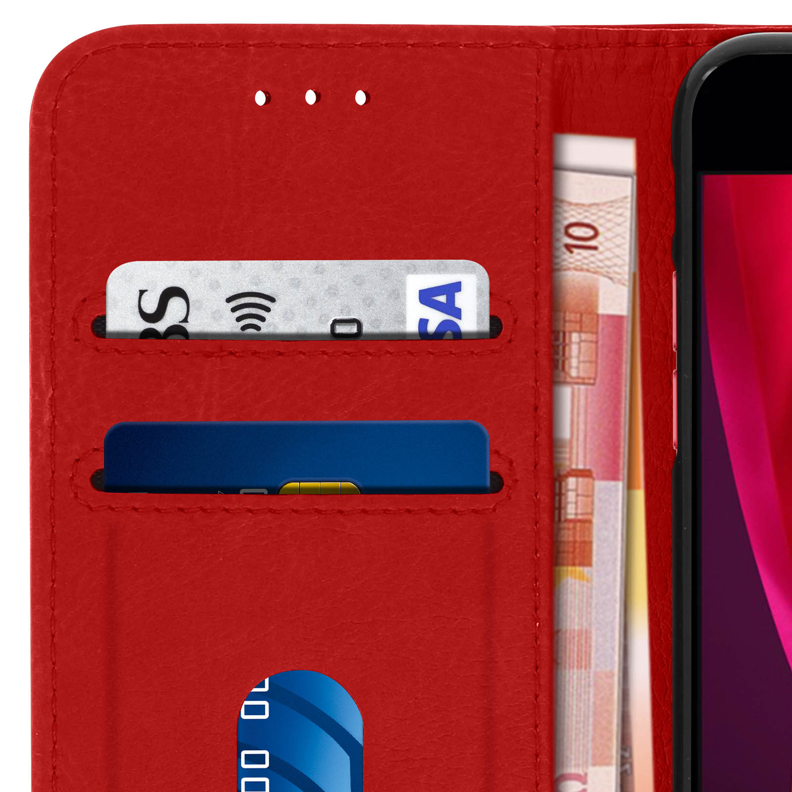 Custodia rossa per telefono aperta con fessure per carte e denaro. Telefono nero parzialmente visibile.