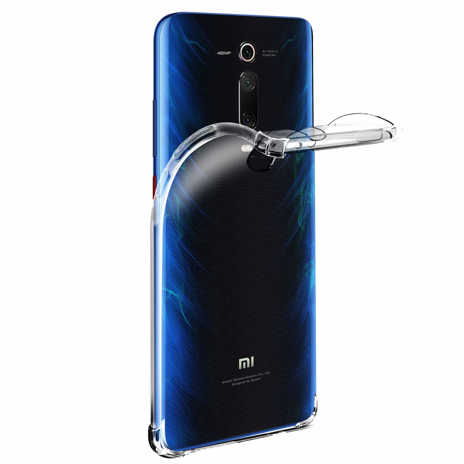 Un telefono in una custodia trasparente con un design blu. La custodia è piegata per mostrare il telefono.