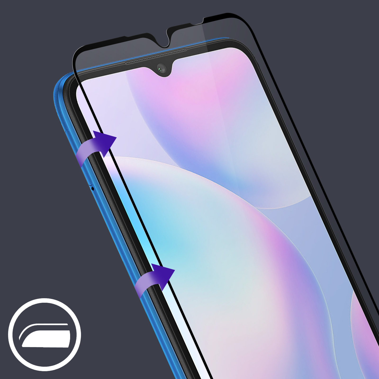 Telefono con cornice blu. Il vetro viene applicato allo schermo.