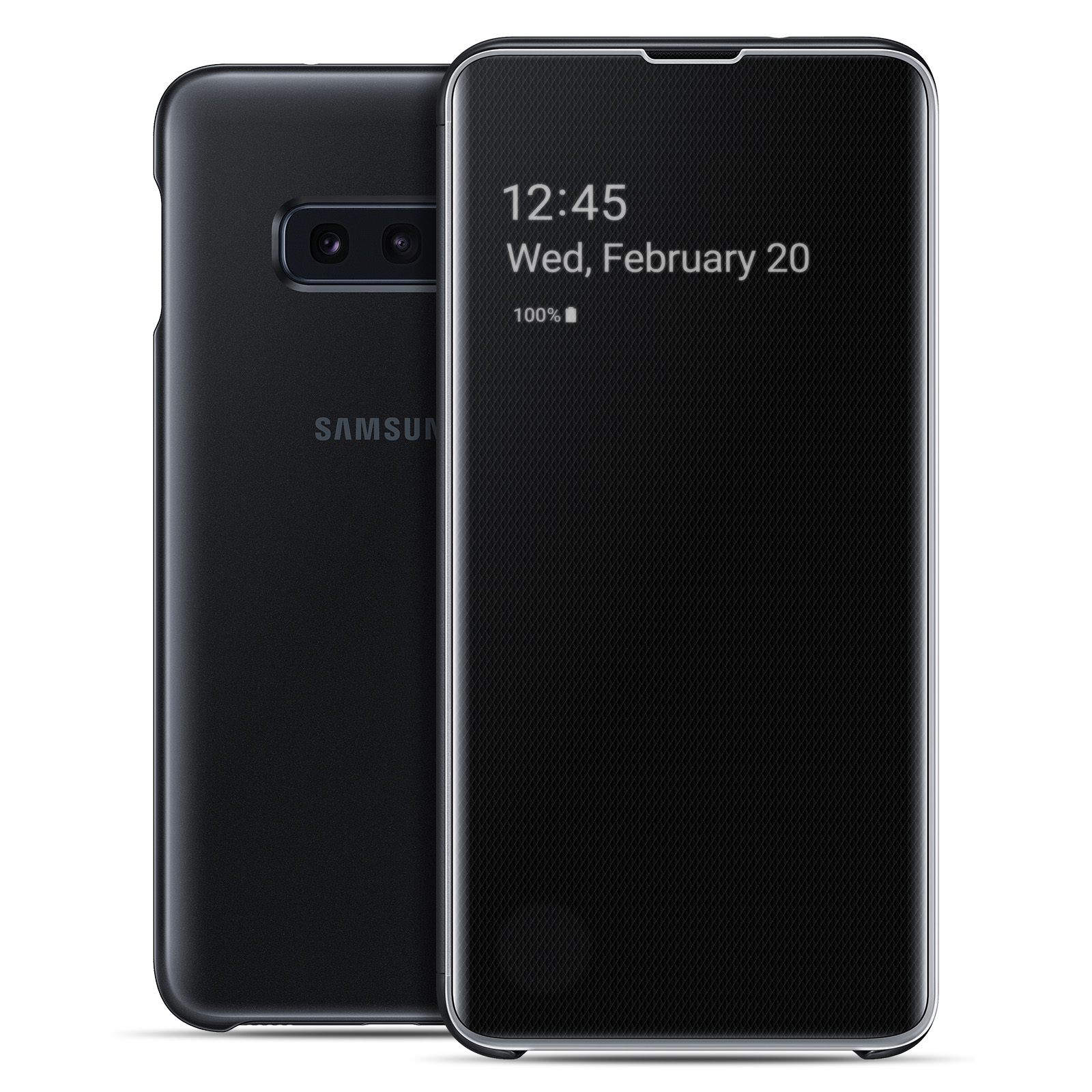 Czarny telefon z wyświetlaczem czasu i daty. Czarne etui.