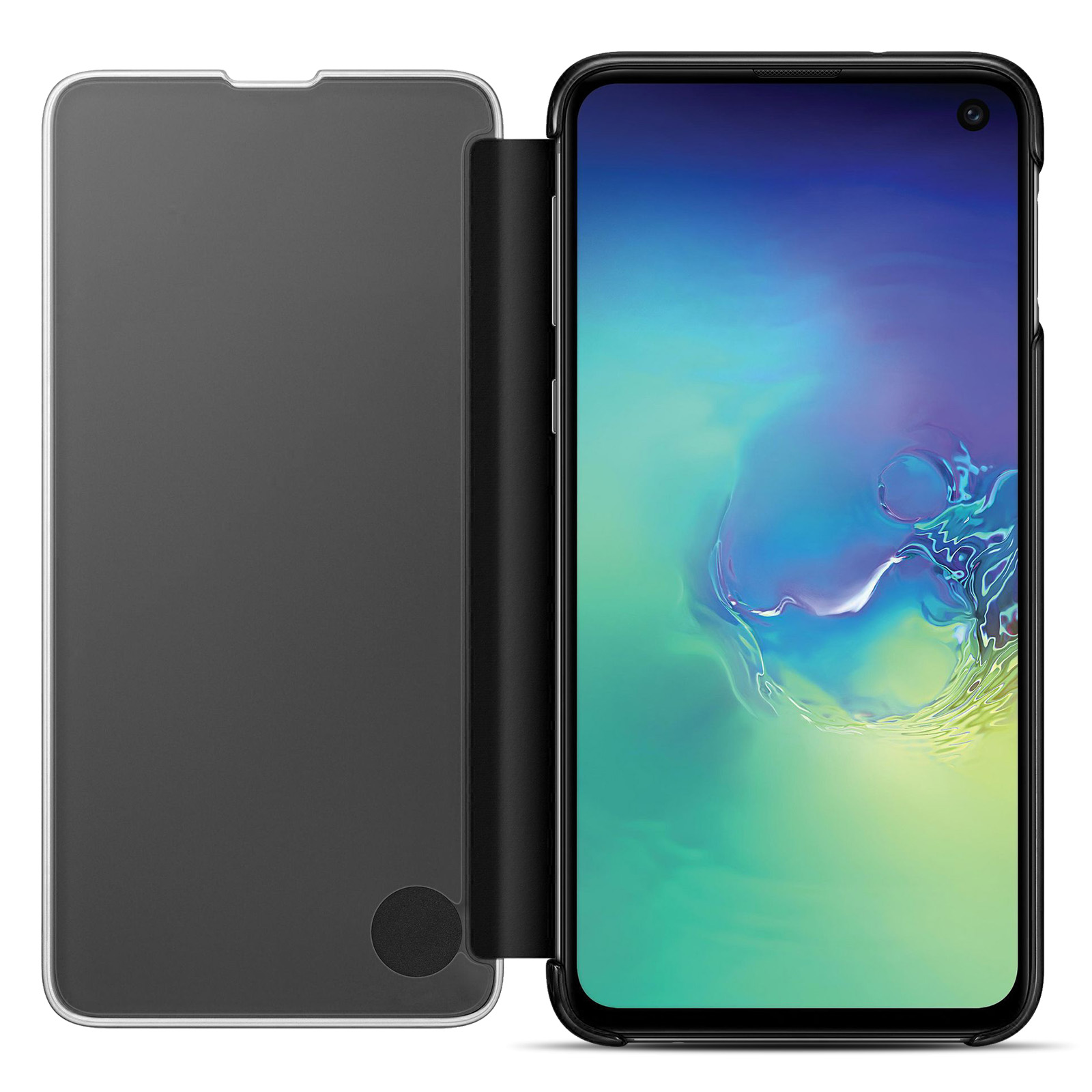 Telefon w czarnym etui jest otwarty. Ekran wyświetla interfejs użytkownika.