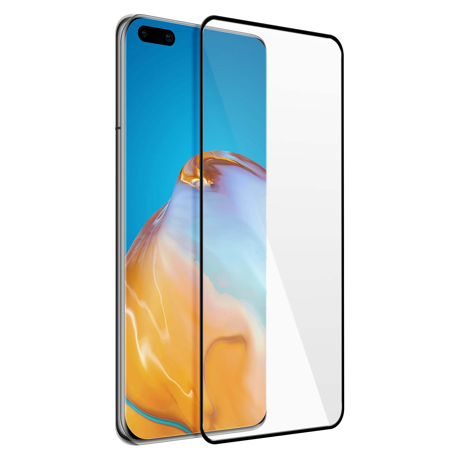 Uno smartphone con una protezione per lo schermo. Il telefono ha uno schermo blu e oro. La protezione è trasparente con bordo nero.