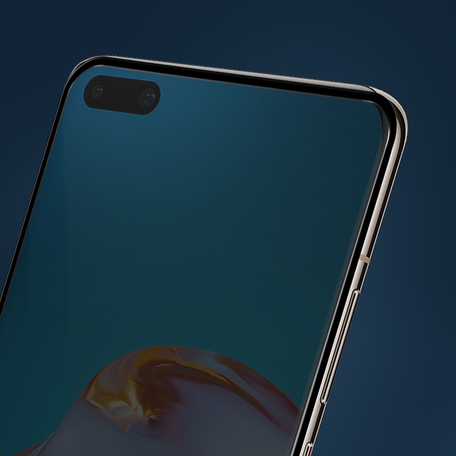 Primo piano di uno smartphone. Sono visibili doppie fotocamere frontali. Lo schermo è blu scuro, la cornice è metallica.