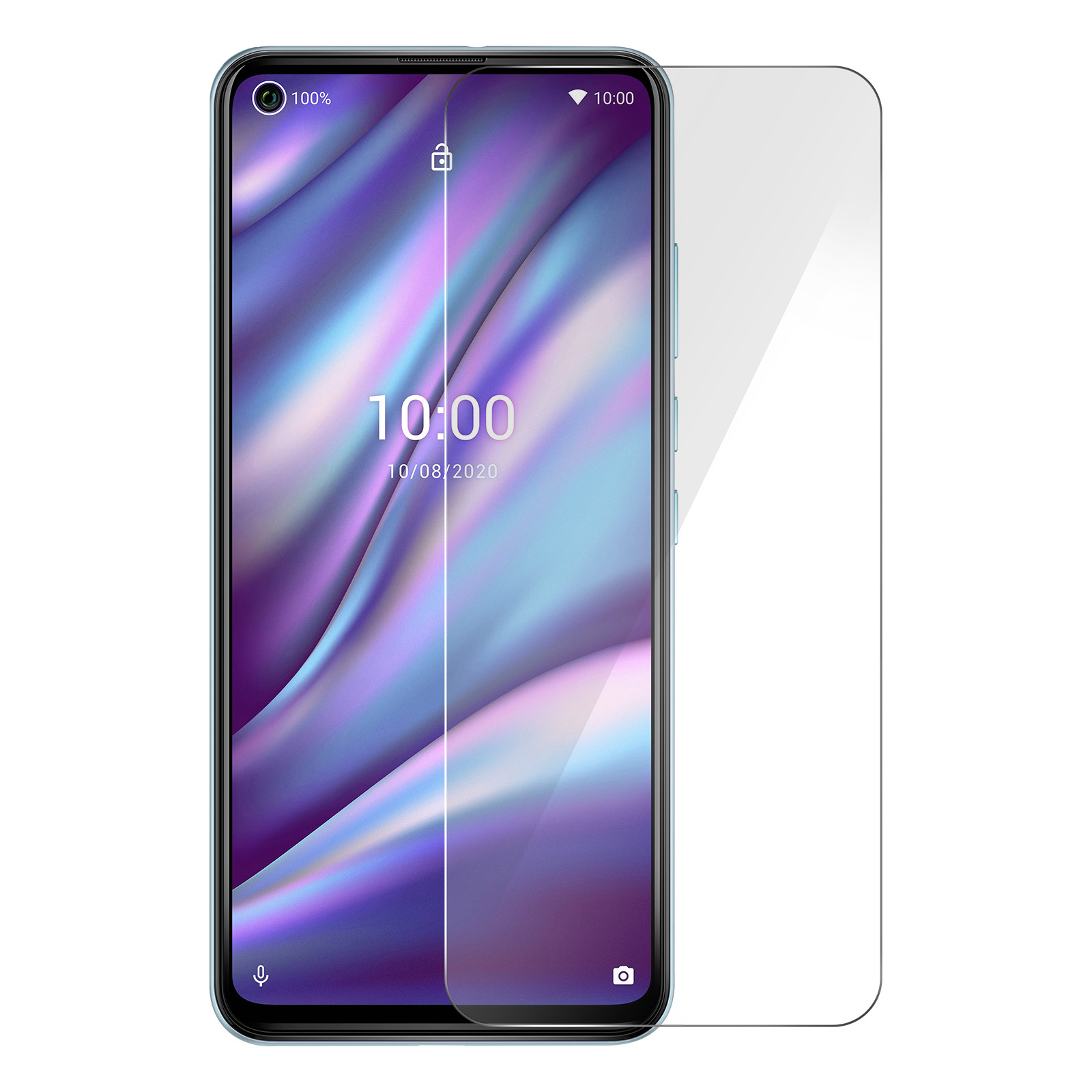 Uno schermo del telefono con una protezione applicata, che mostra l'ora e la data.