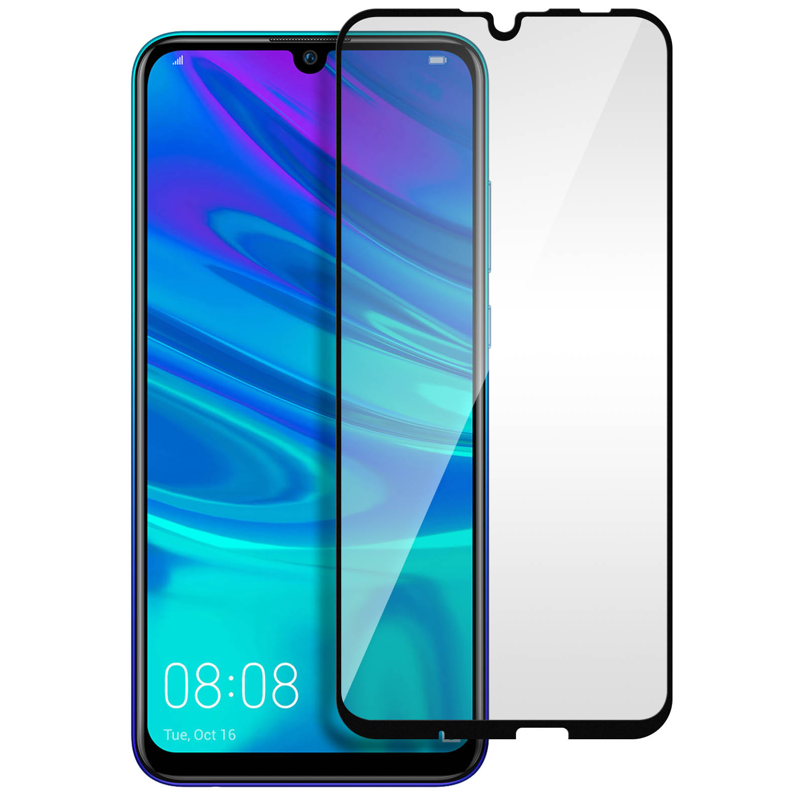 Téléphone avec protecteur, affichant des applications, fond blanc.