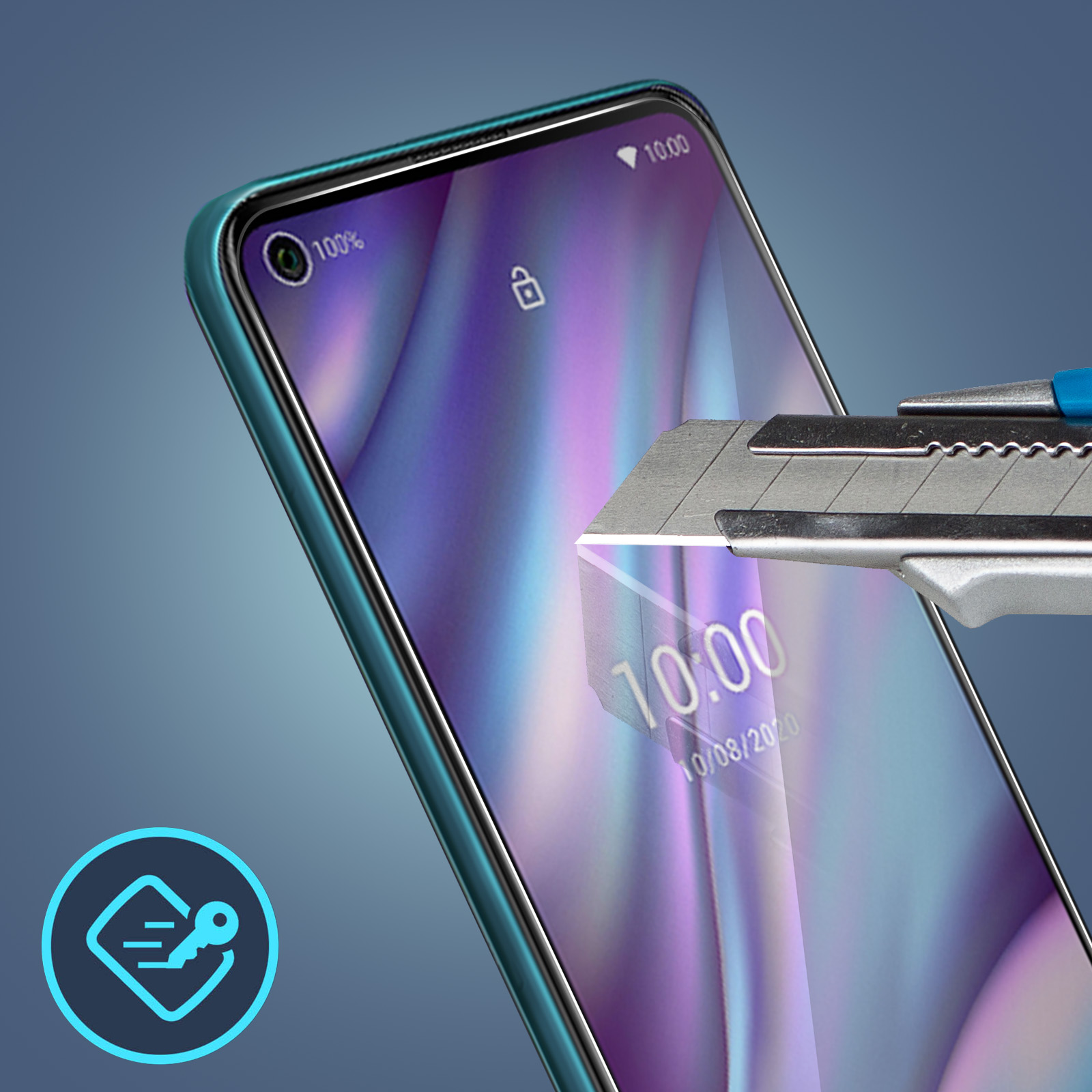 Schermo del telefono tagliato con taglierino, con icona blu nell'angolo.
