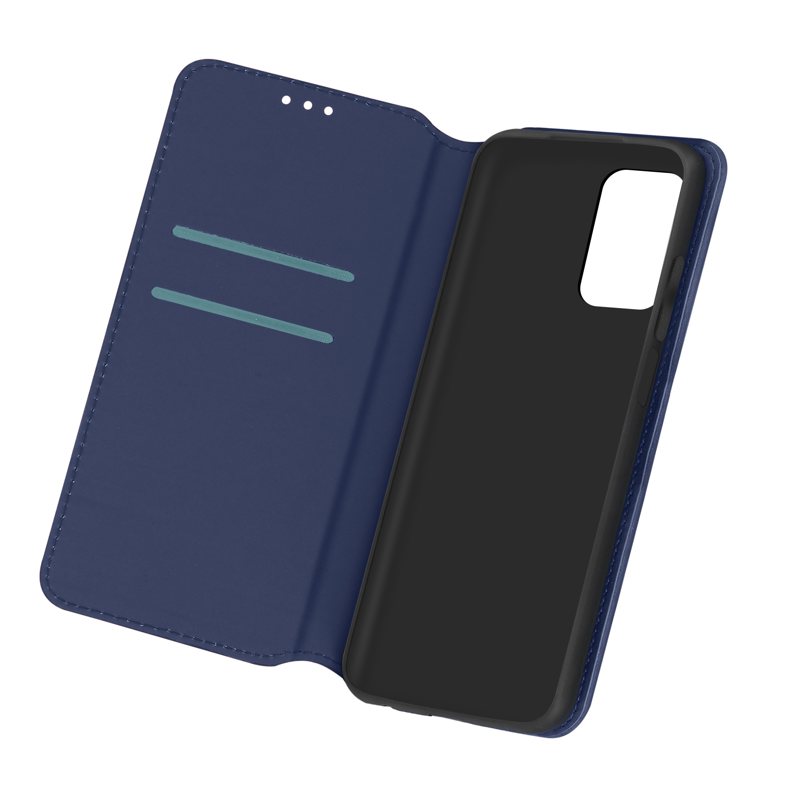 Een blauw telefoonhoesje met een open flap, die de telefoon en kaartsleuven onthult.