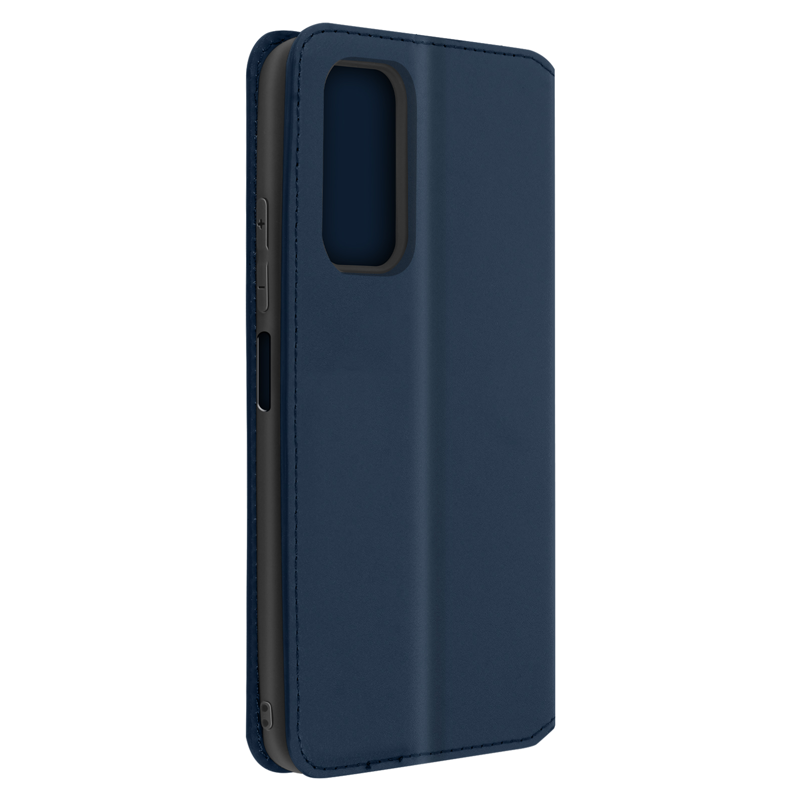 Blauwe telefoonhoes, gesloten, met een klep die het scherm bedekt.