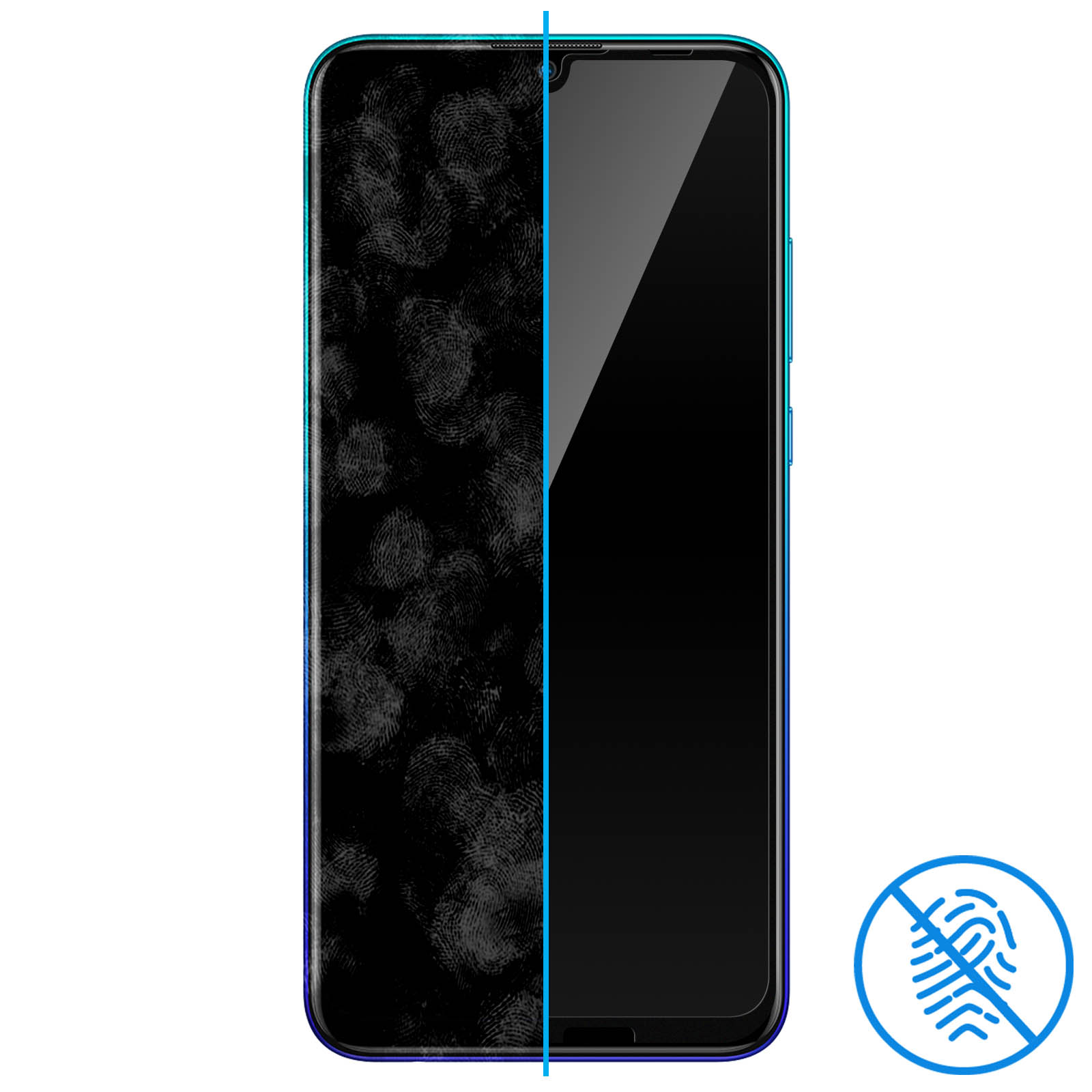 Smartphone che mostra impronte digitali sullo schermo. Una linea separa le parti pulite e sporche.