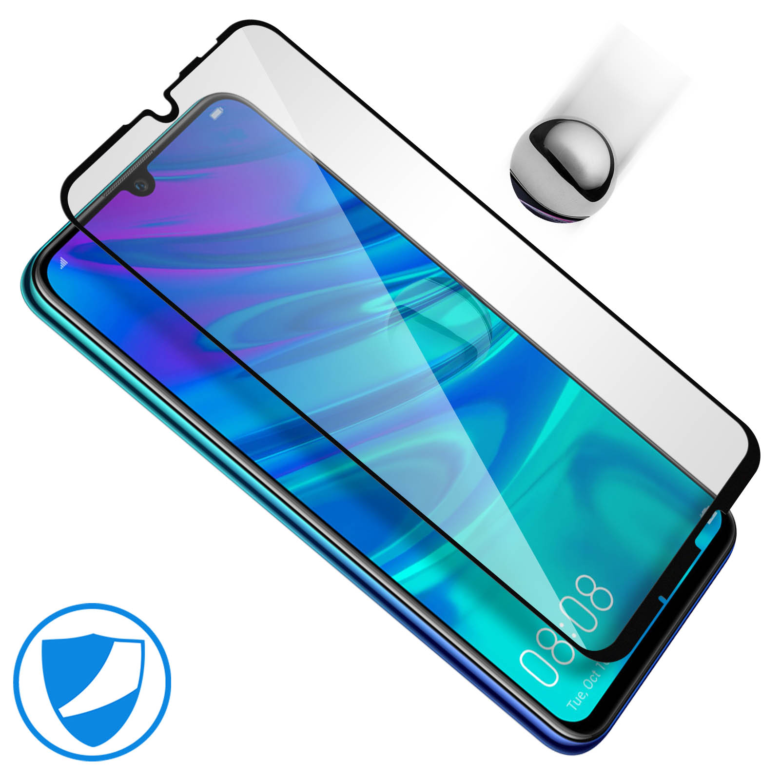 Telefono con protezione schermo installata. La protezione è trasparente, il telefono è blu e nero.