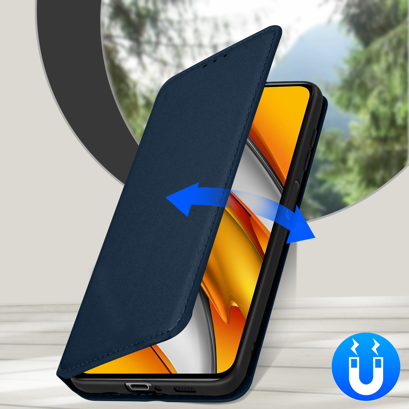 Blauwe telefoonhoes die opengaat om een telefoon te onthullen. Magnetisch symbool.