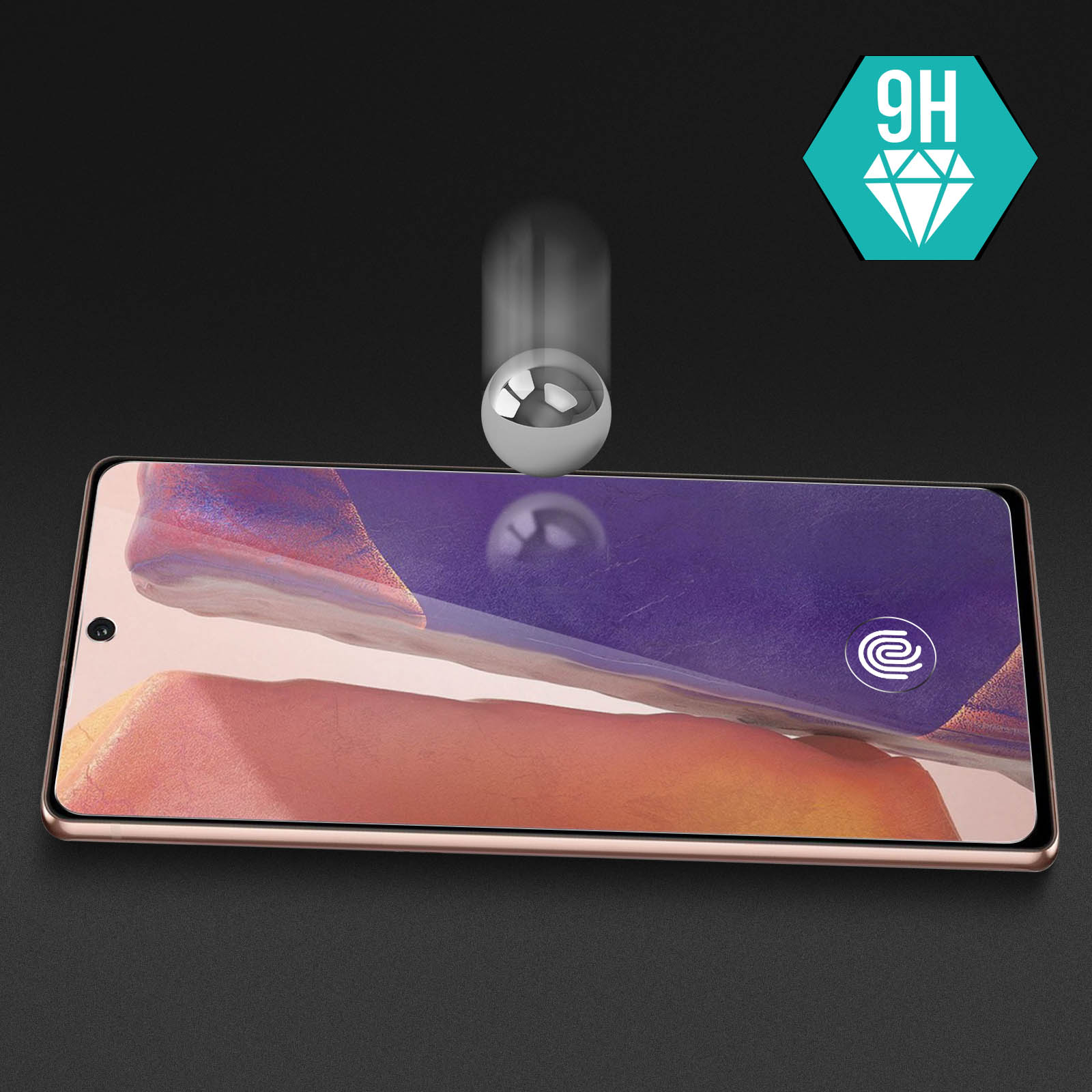 Smartphone avec écran de protection. Une boule argentée au-dessus. Symbole diamant 9H en haut à droite.