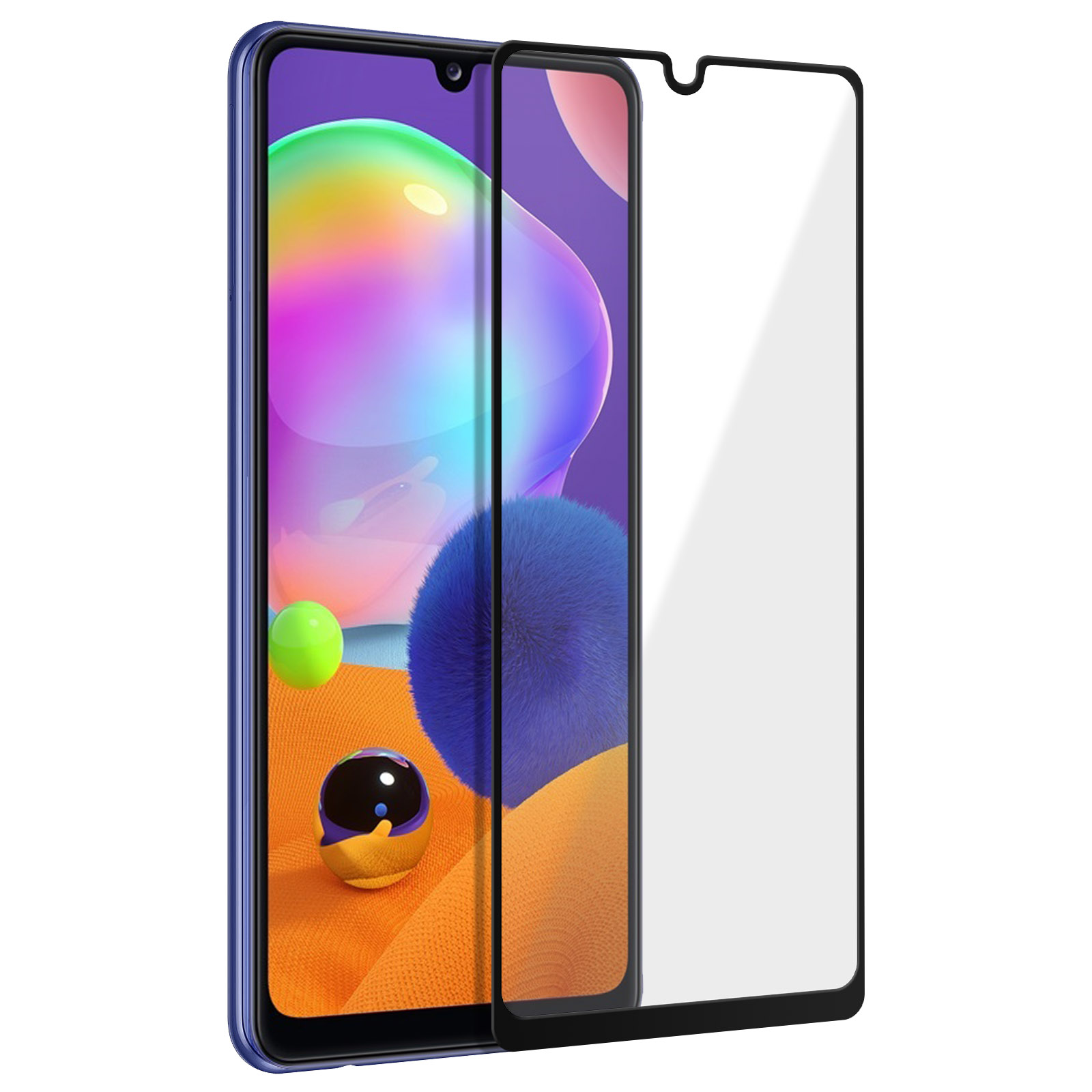 Uno smartphone blu con protezione schermo. Mostra forme astratte colorate. Sono visibili una sfera verde e una blu.