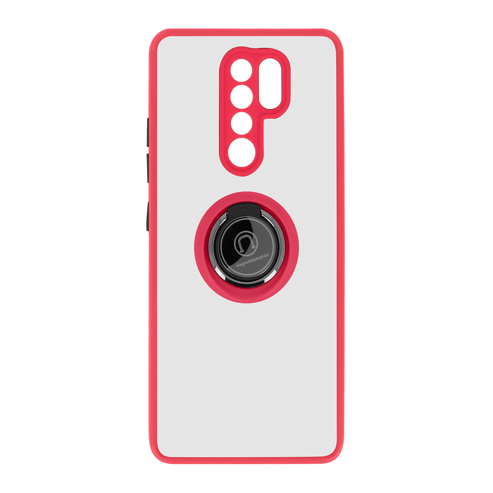 Een witte telefoonhoes met rode randen en een ronde ringhouder op de achterkant.
