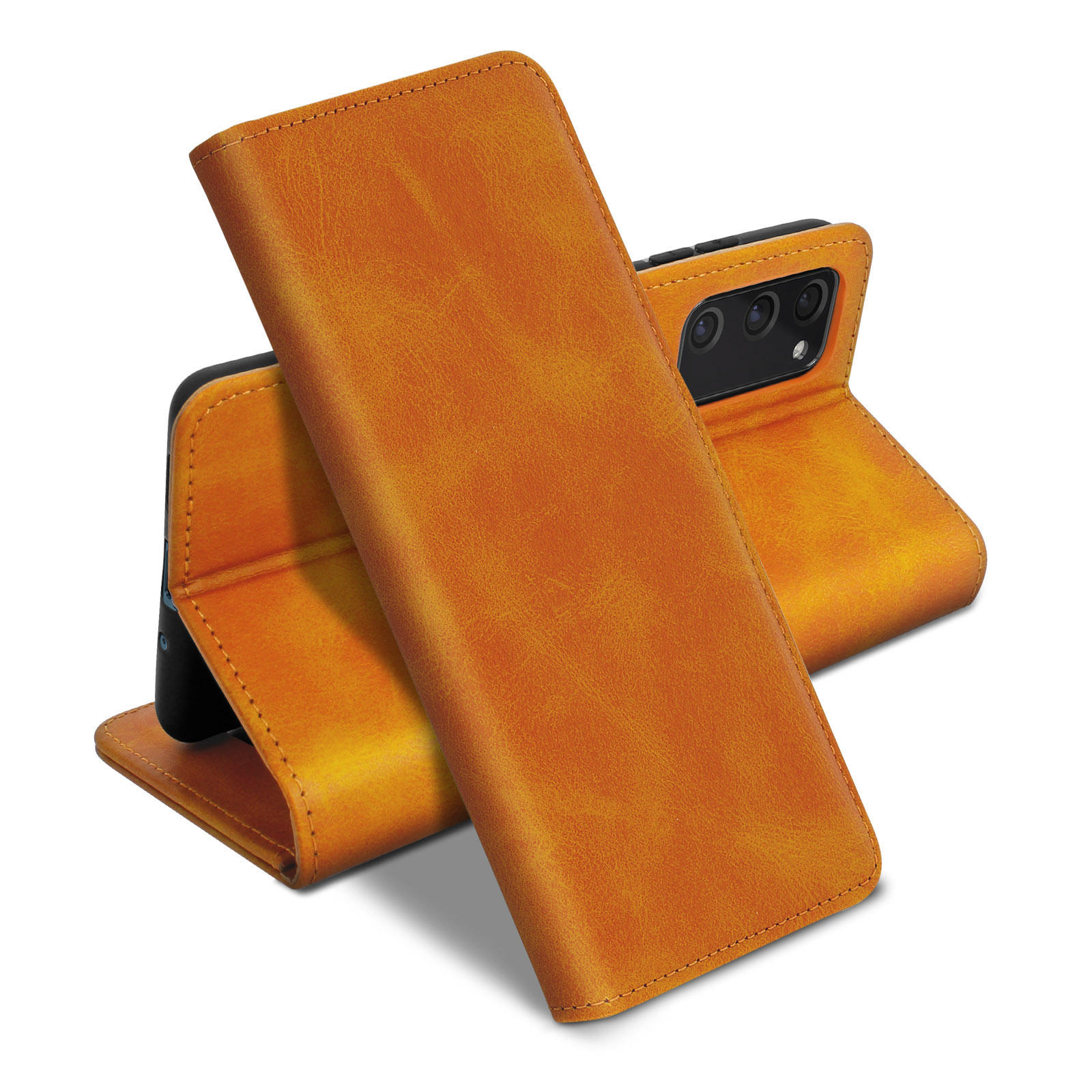 Un étui de téléphone de couleur beige est ouvert, révélant un téléphone. L'étui est sur un fond blanc.