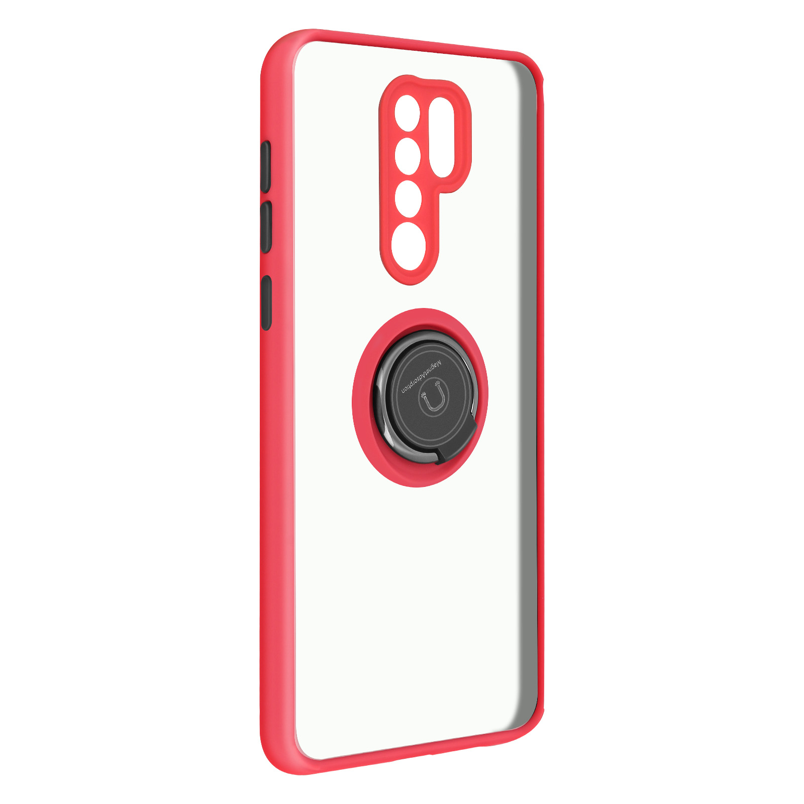 Een rode en transparante telefoonhoes met een ringhouder aan de achterkant. Op een witte achtergrond.