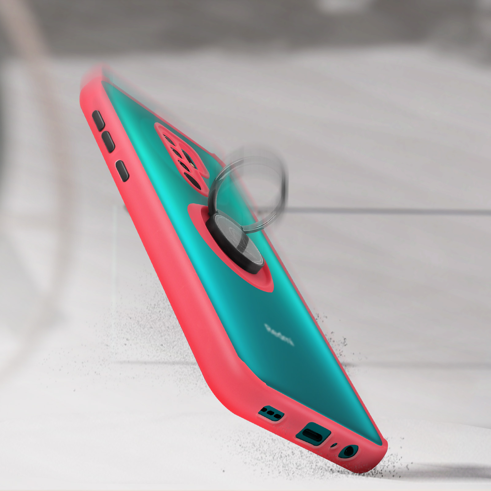 Een telefoonhoesje met ringhouder, rood en blauwgroen, lijkt te vallen.