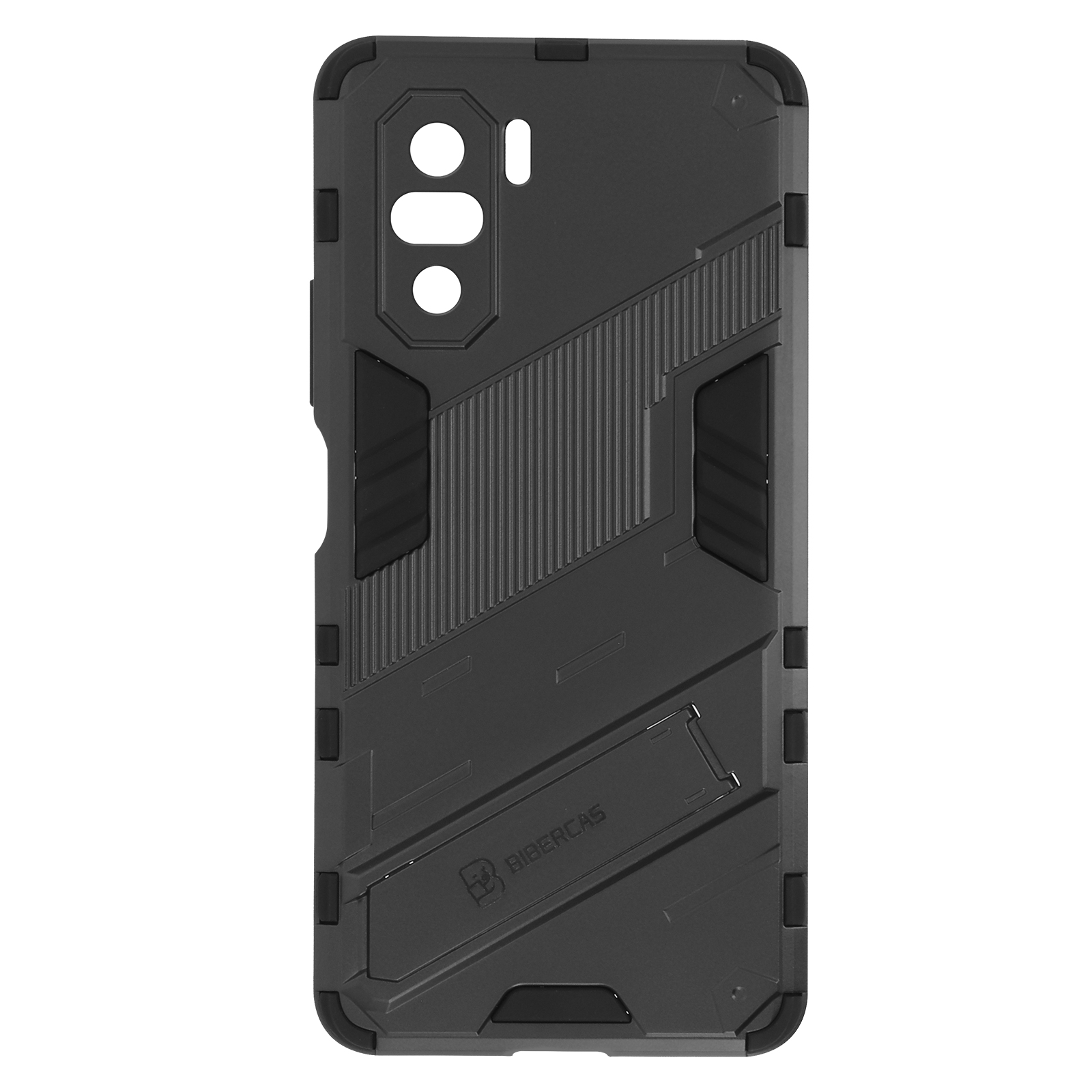 Custodia nera per telefono. Il retro ha un design complesso con un ritaglio per la fotocamera.