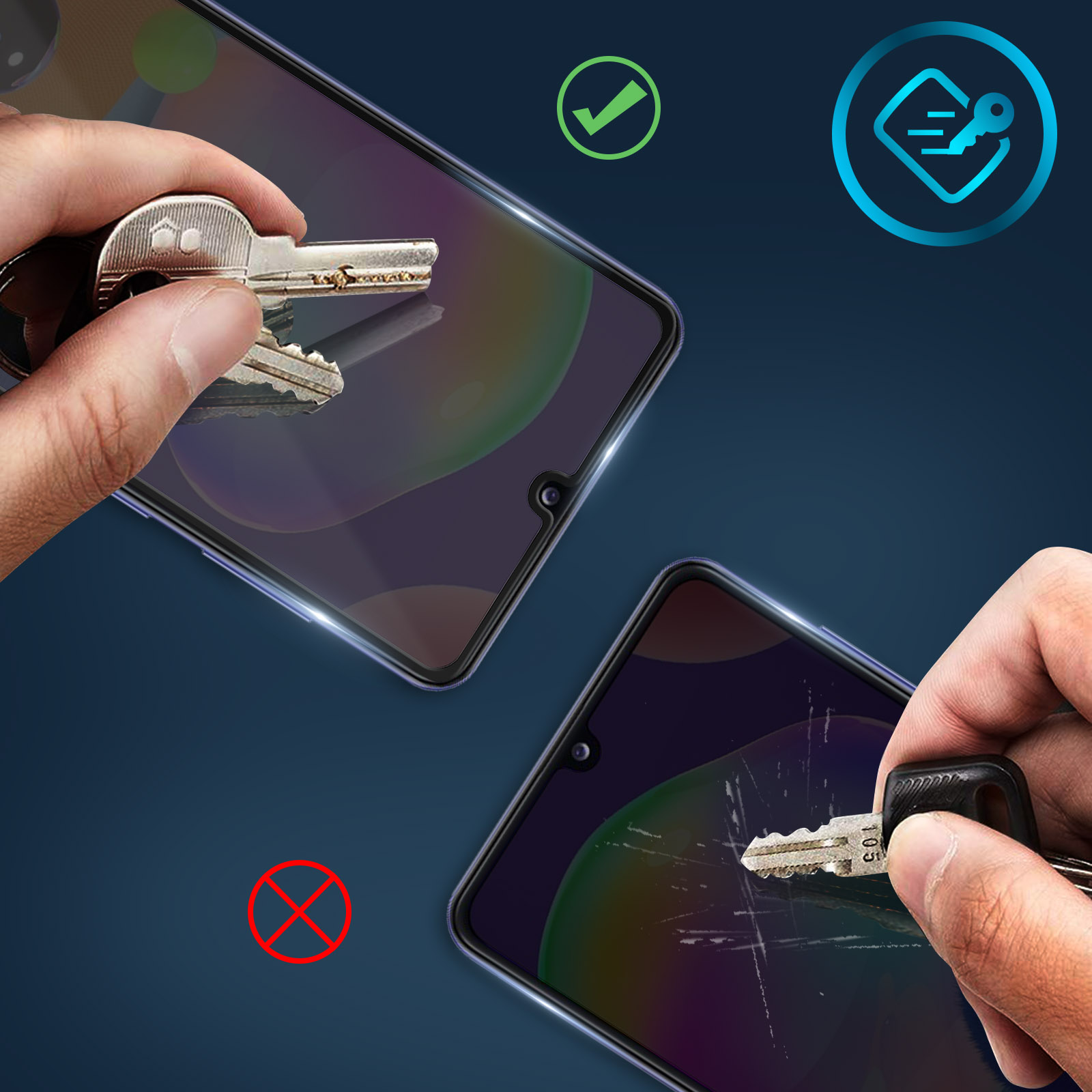Mani che tengono chiavi vicino a telefoni. Uno schermo del telefono è intatto, un altro ha graffi. Appaiono icone di spunta e X.