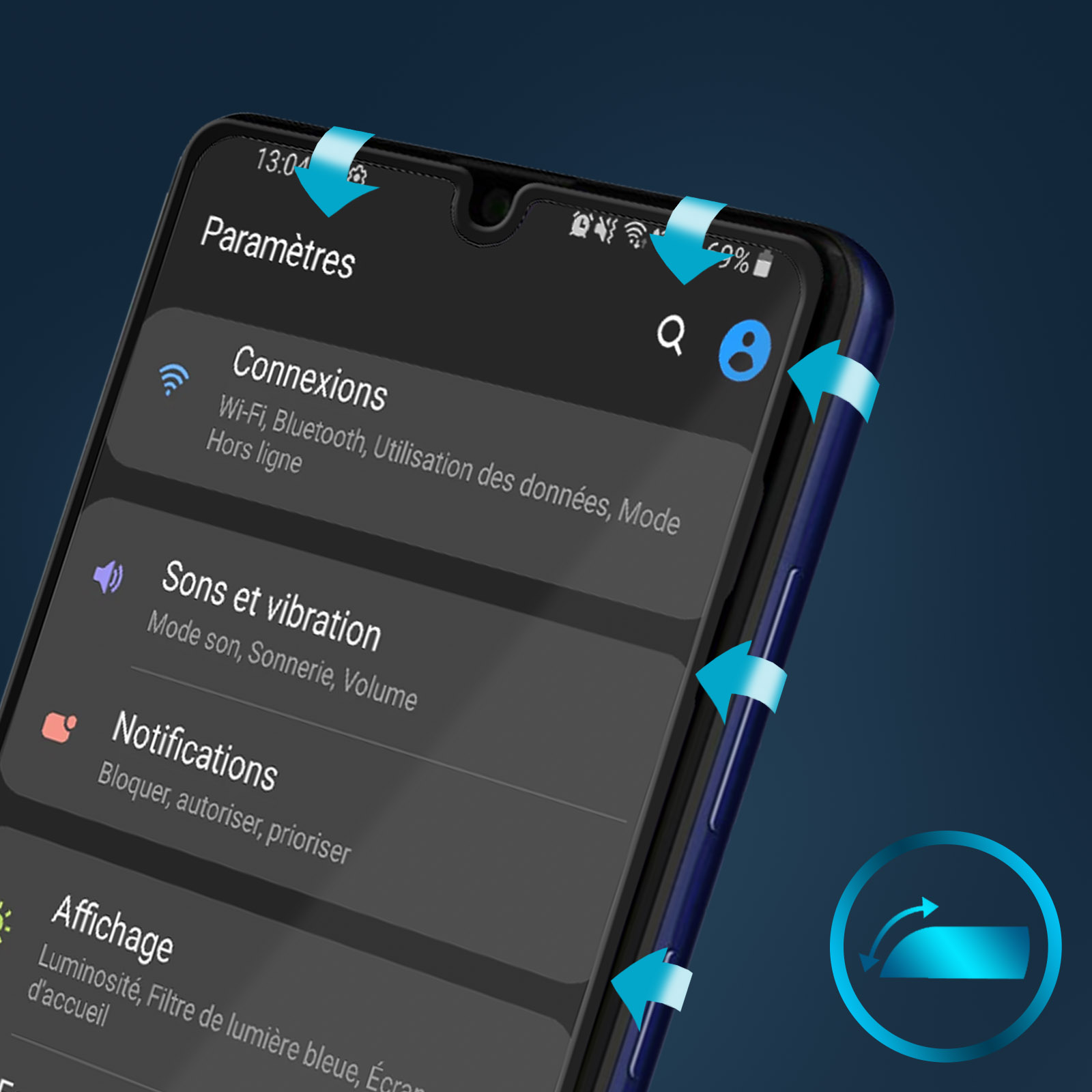 Schermo smartphone con menu impostazioni, Wi-Fi, Bluetooth e altre opzioni, con frecce blu.