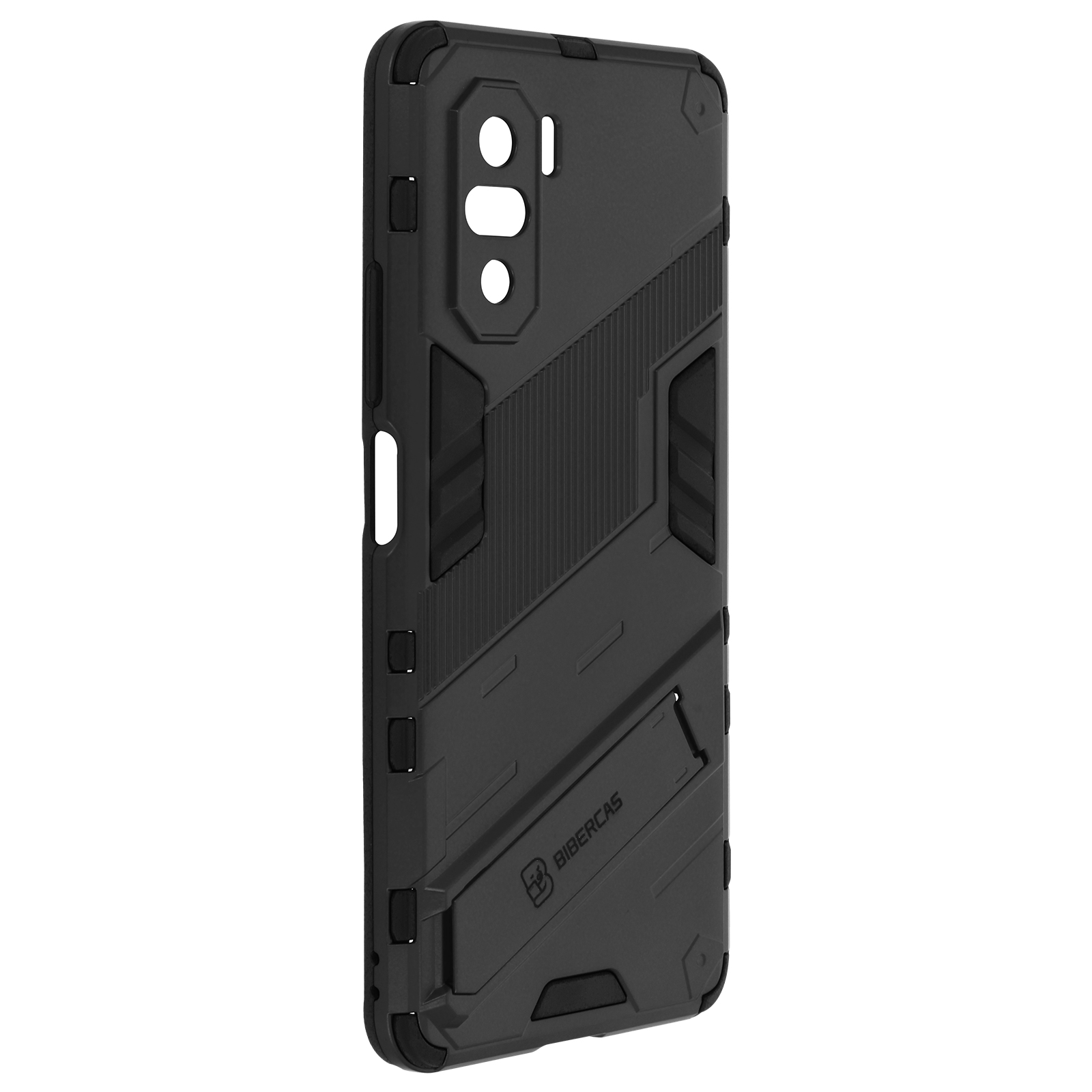 Custodia nera per telefono con motivi geometrici. Ha un cavalletto e un design robusto.
