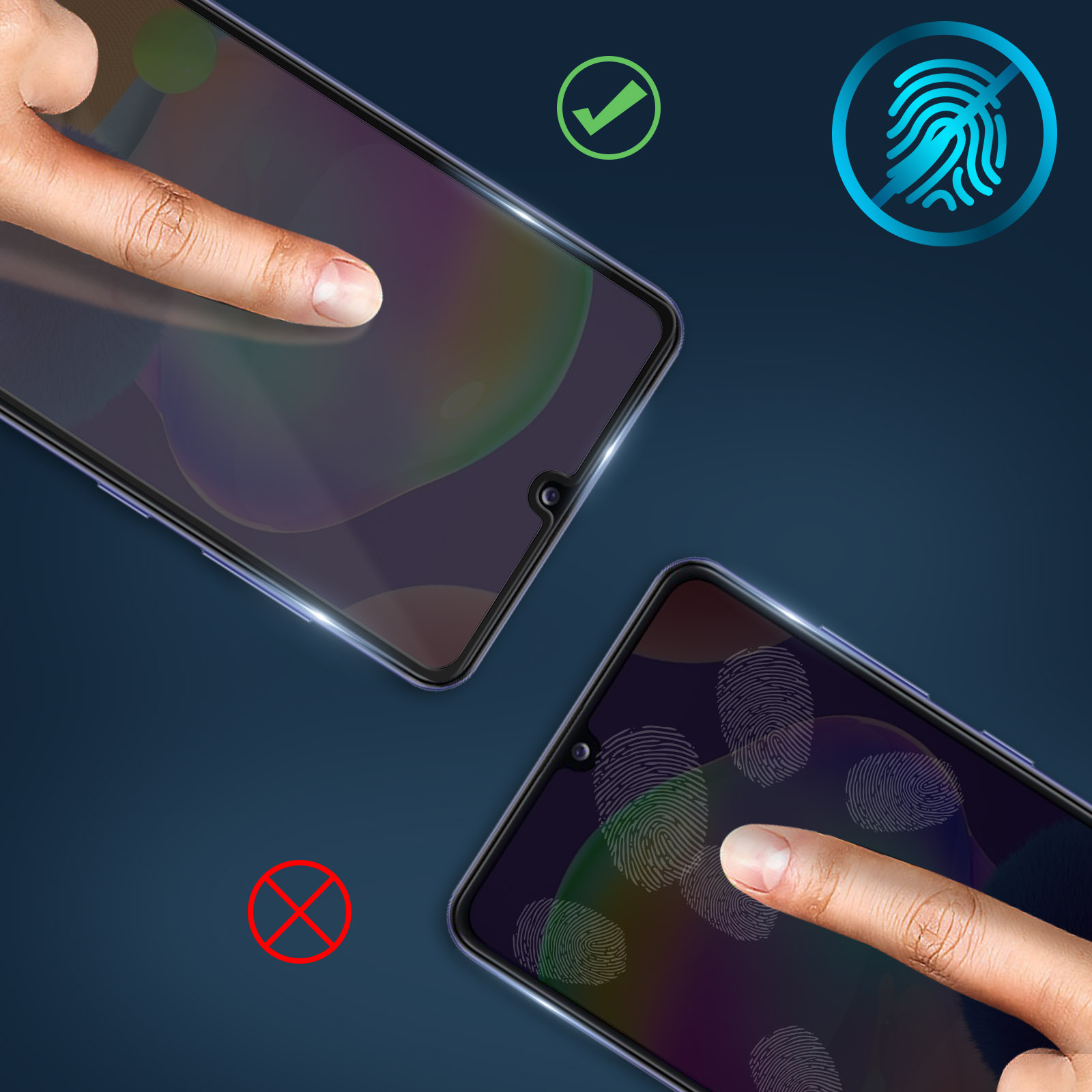 Due telefoni con dita che toccano gli schermi. Uno non ha impronte digitali, un segno di spunta e un'icona senza impronte digitali.