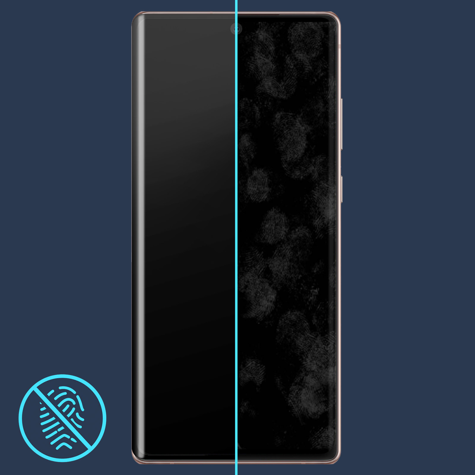 Lo schermo di uno smartphone è diviso. Il lato sinistro è pulito, il lato destro è coperto di impronte digitali. Sfondo blu.
