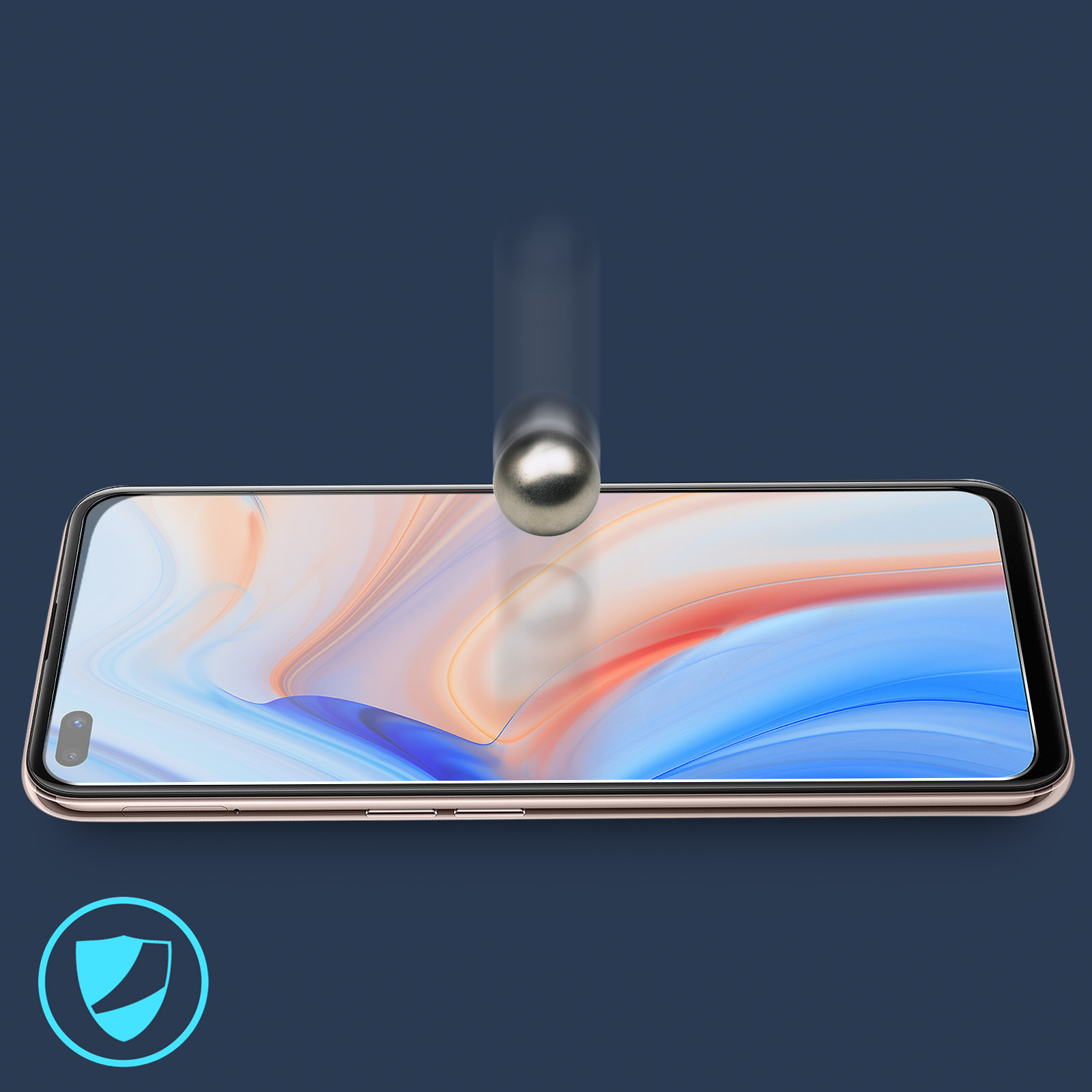 Telefono con protezione schermo, sfera che cade, icona scudo. Sfondo blu, telefono con schermo blu e bianco.